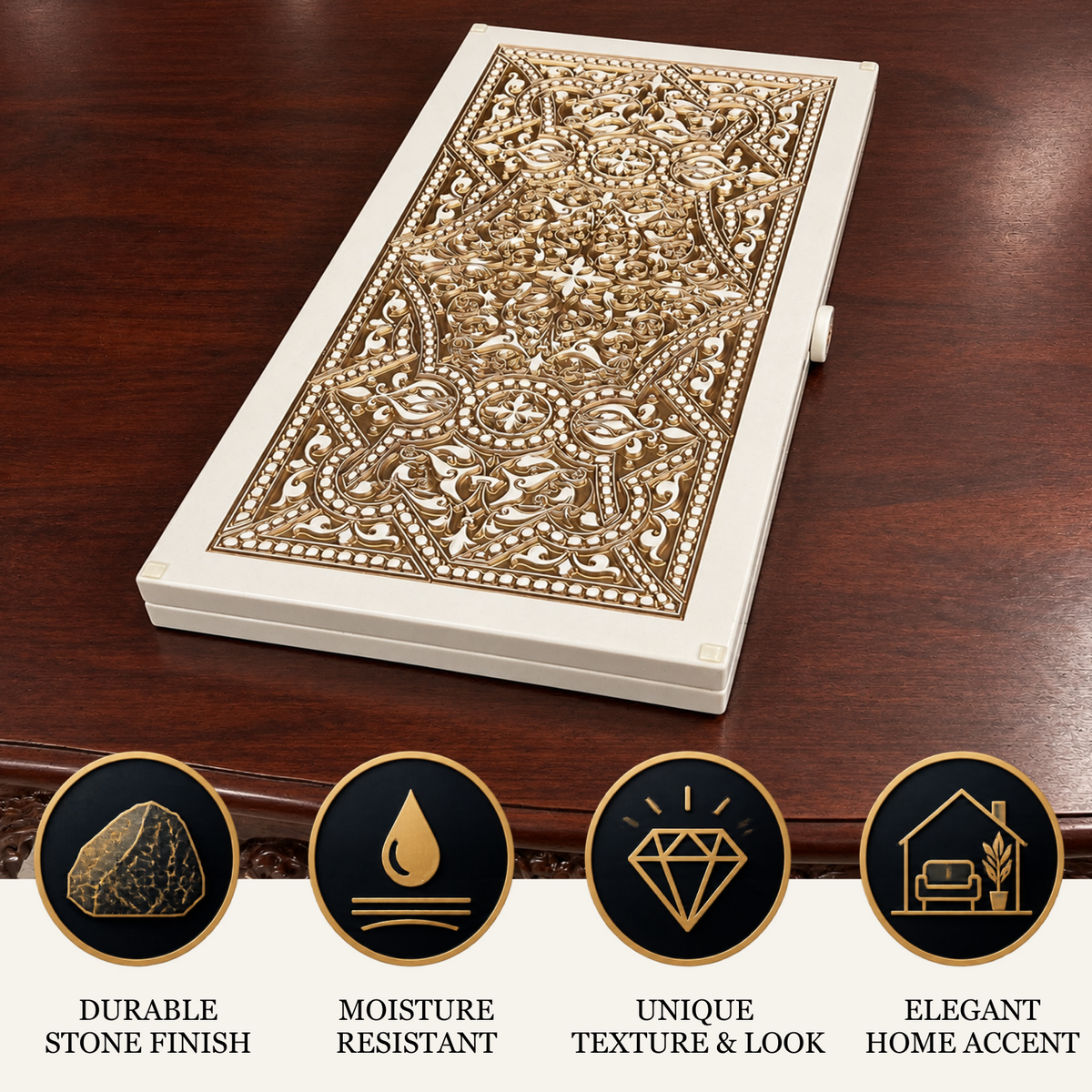 Exklusives Backgammon aus weißem Acrylstein mit Ornamentdetails – Geschenk fürs Leben, 58 x 28 x 5 cm