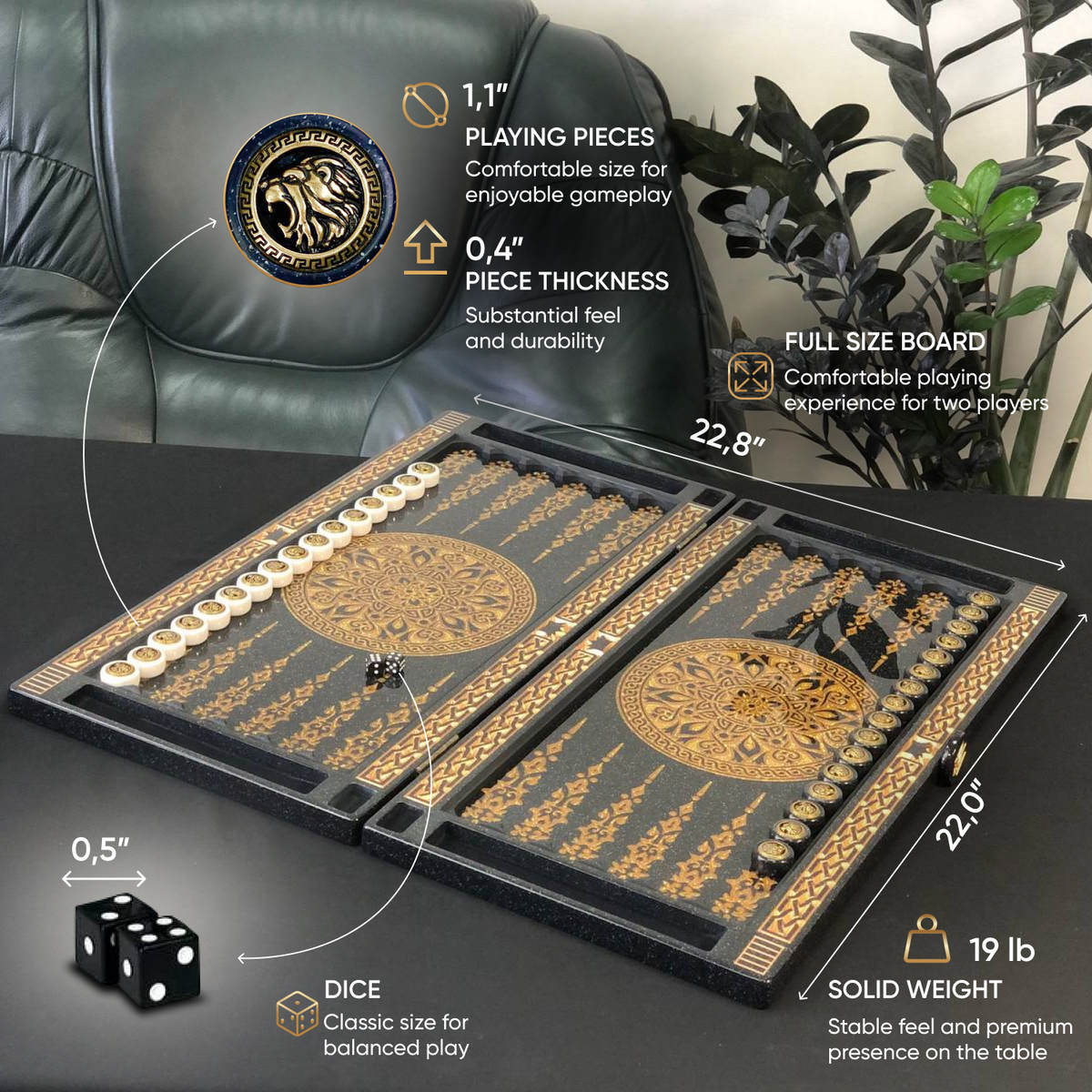 Luxuriöses Backgammon aus Acrylsteinen in Schwarz und Gold, 58×28 cm, Steinbrett, fertig zum Verschenken