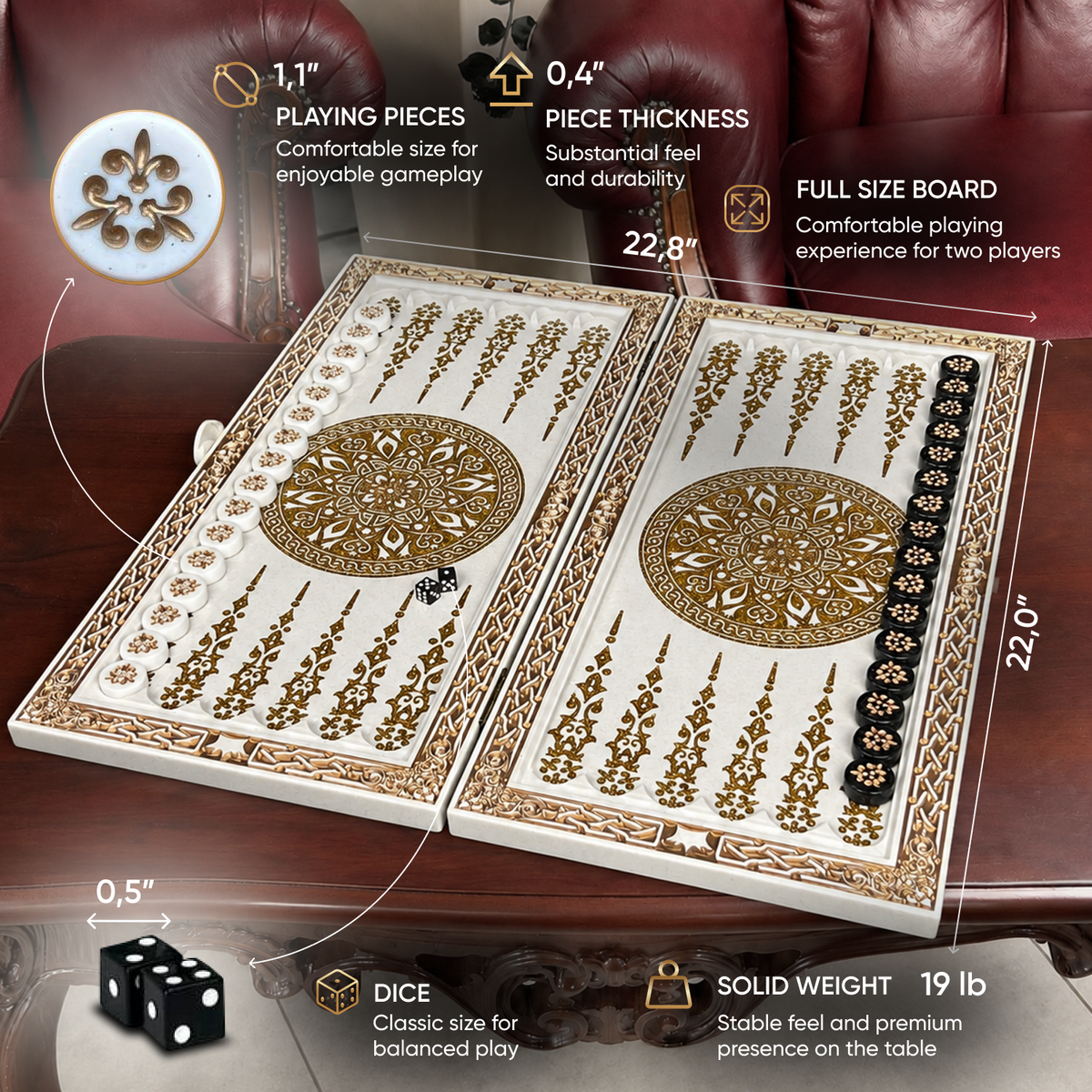 Exklusives Backgammon aus weißem Acrylstein mit Ornamentdetails – Geschenk fürs Leben, 58 x 28 x 5 cm