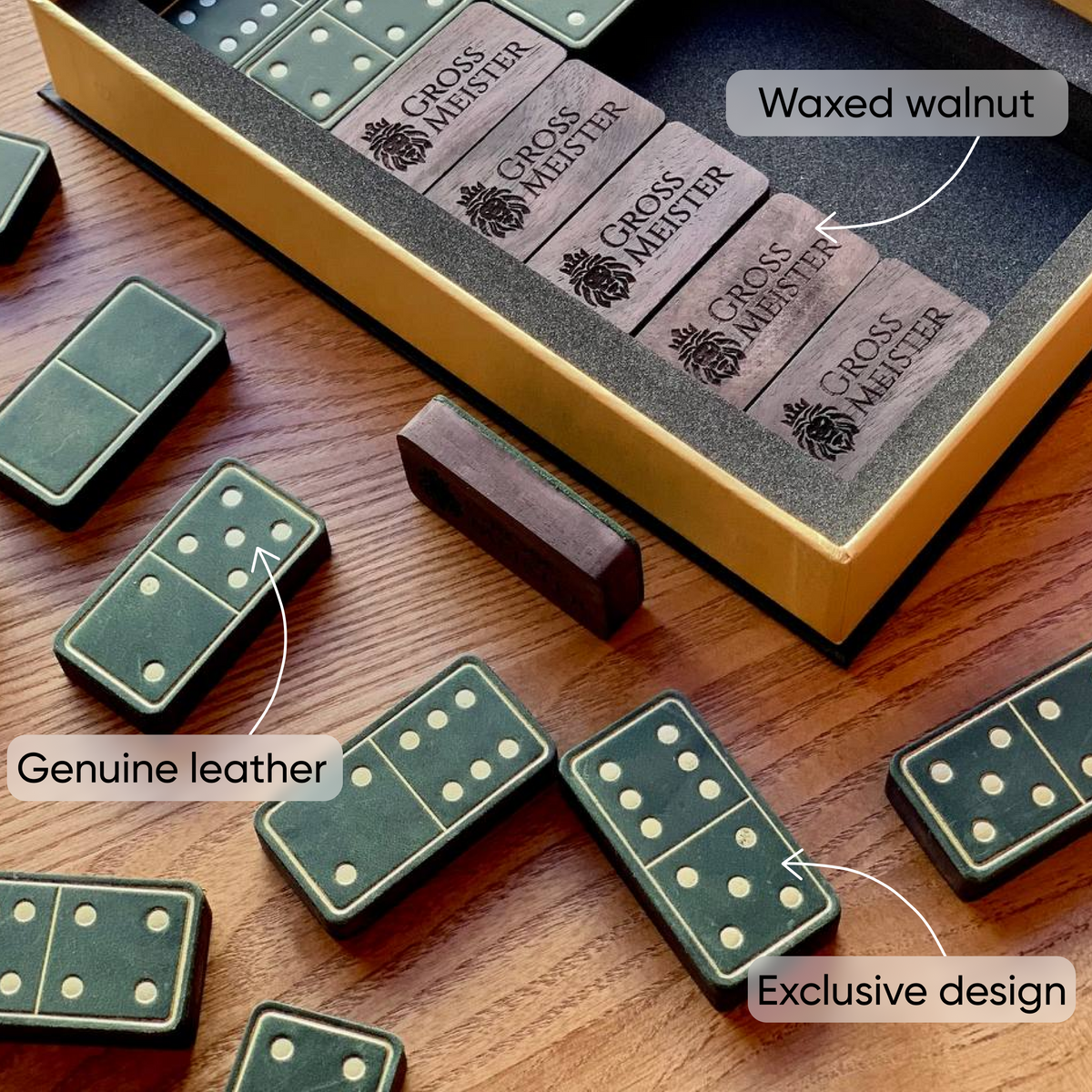 Luxuriöses Domino-Set aus Holz und elegantem Leder, 52*27*12mm grüne Dominosteine, Geschenkfertig