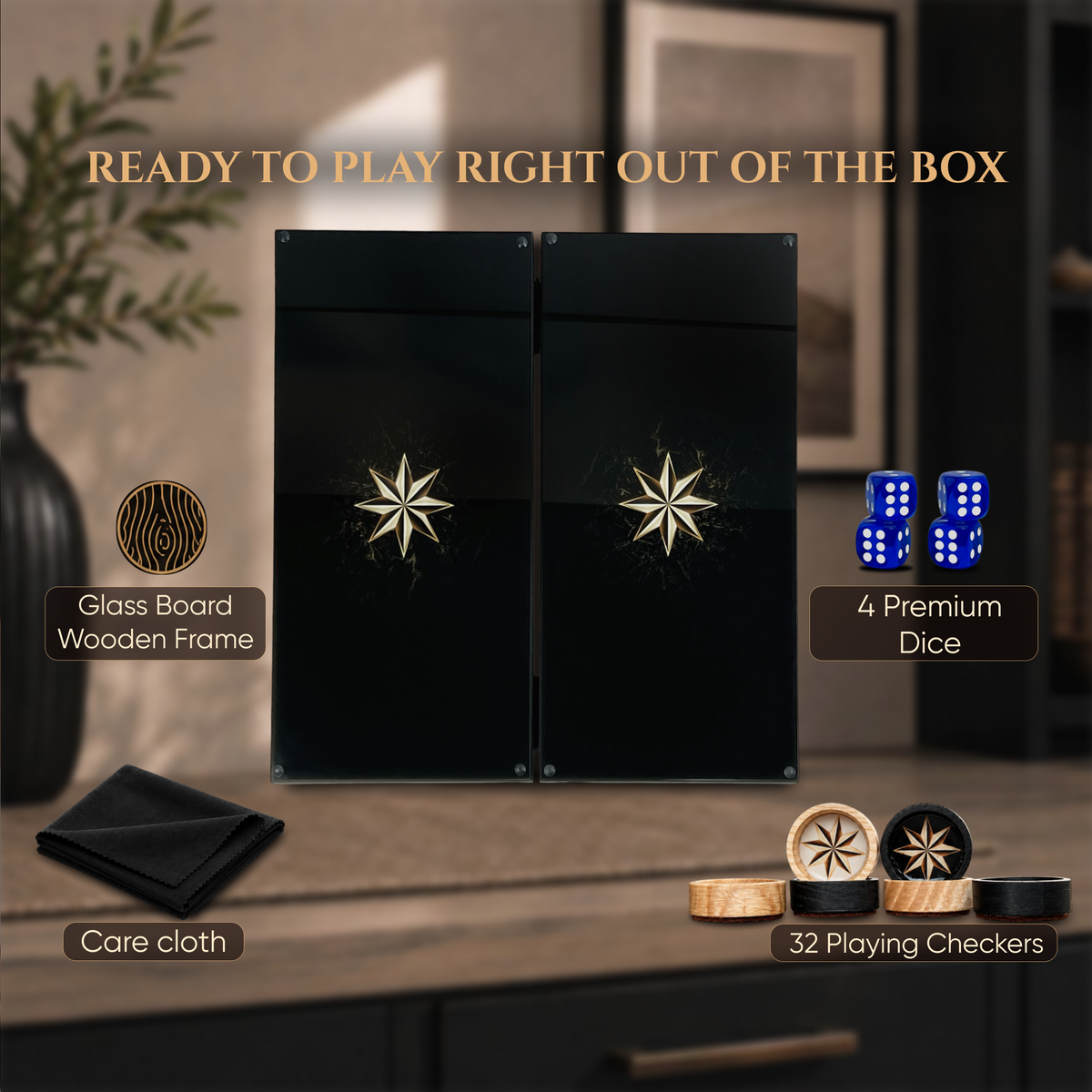 Compass Gold Rose Collection Glass & Wood Backgammon Set