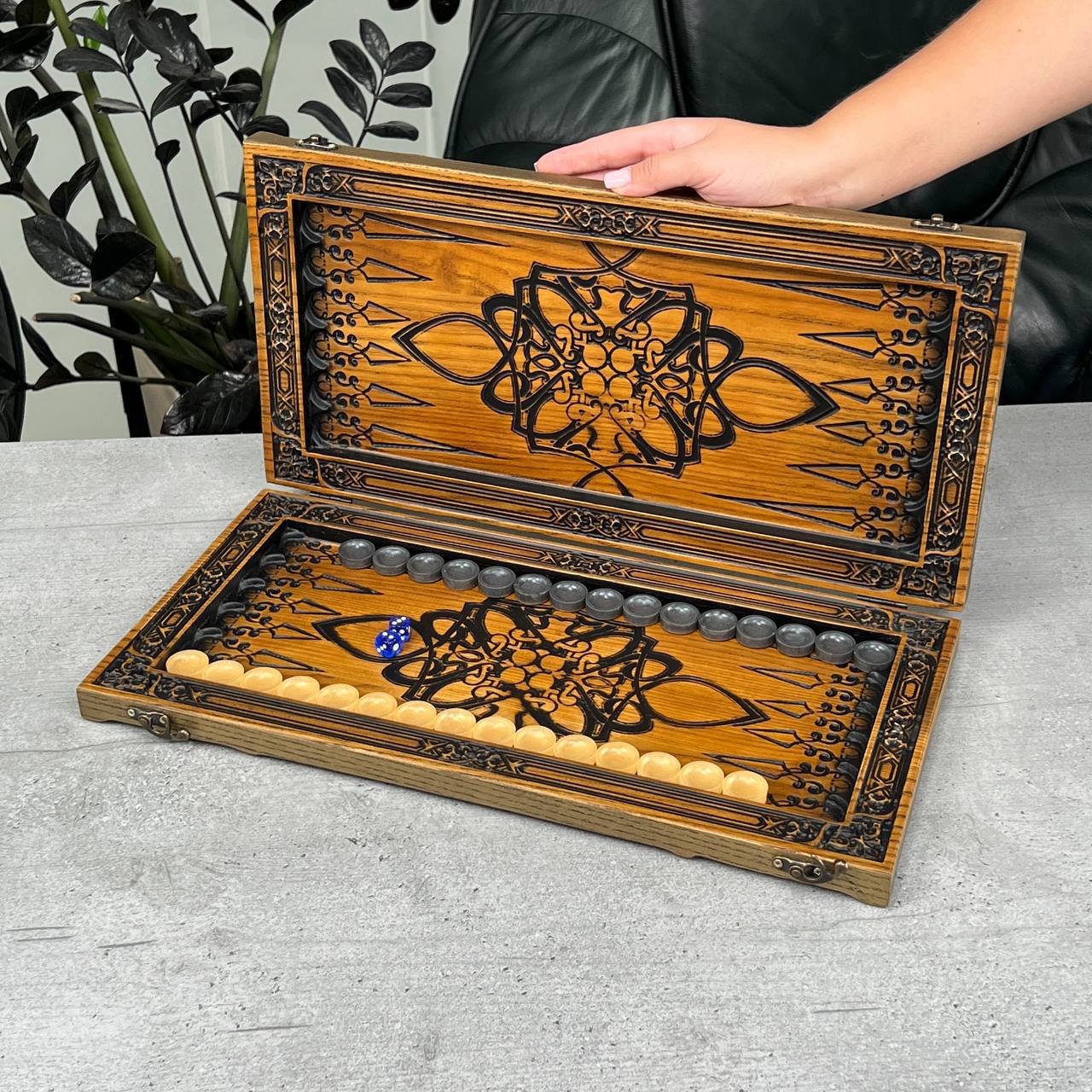 Wooden Backgammon Set with Wolf Carving