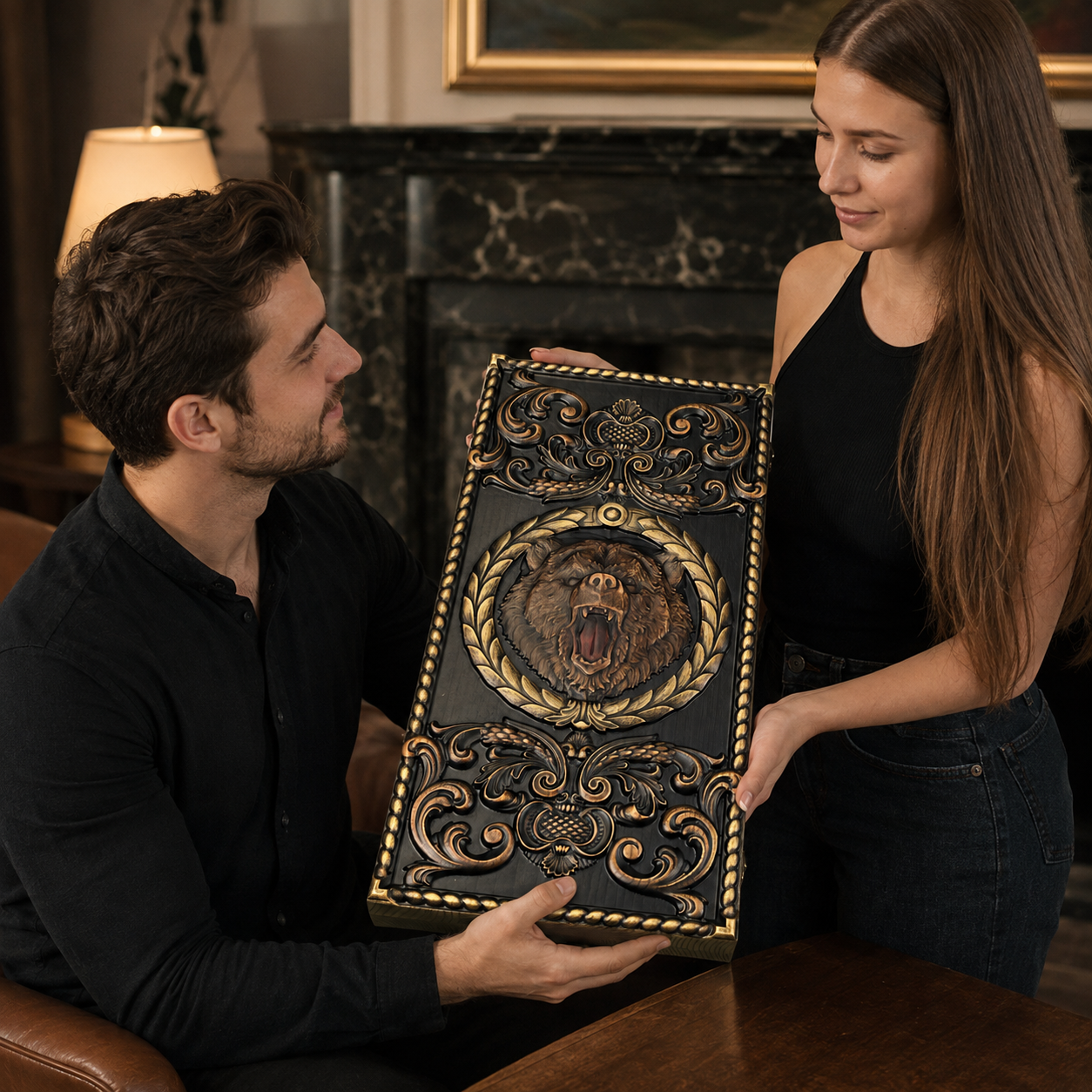 Holz-Backgammon „Drache“, 64×31×8cm, Art. 190169