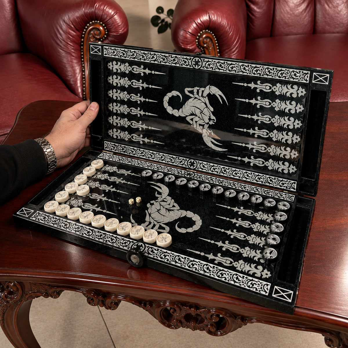 Luxus-Backgammon aus schwarzem Acrylstein „Skorpion“ – 58×28 cm | Art. 190640