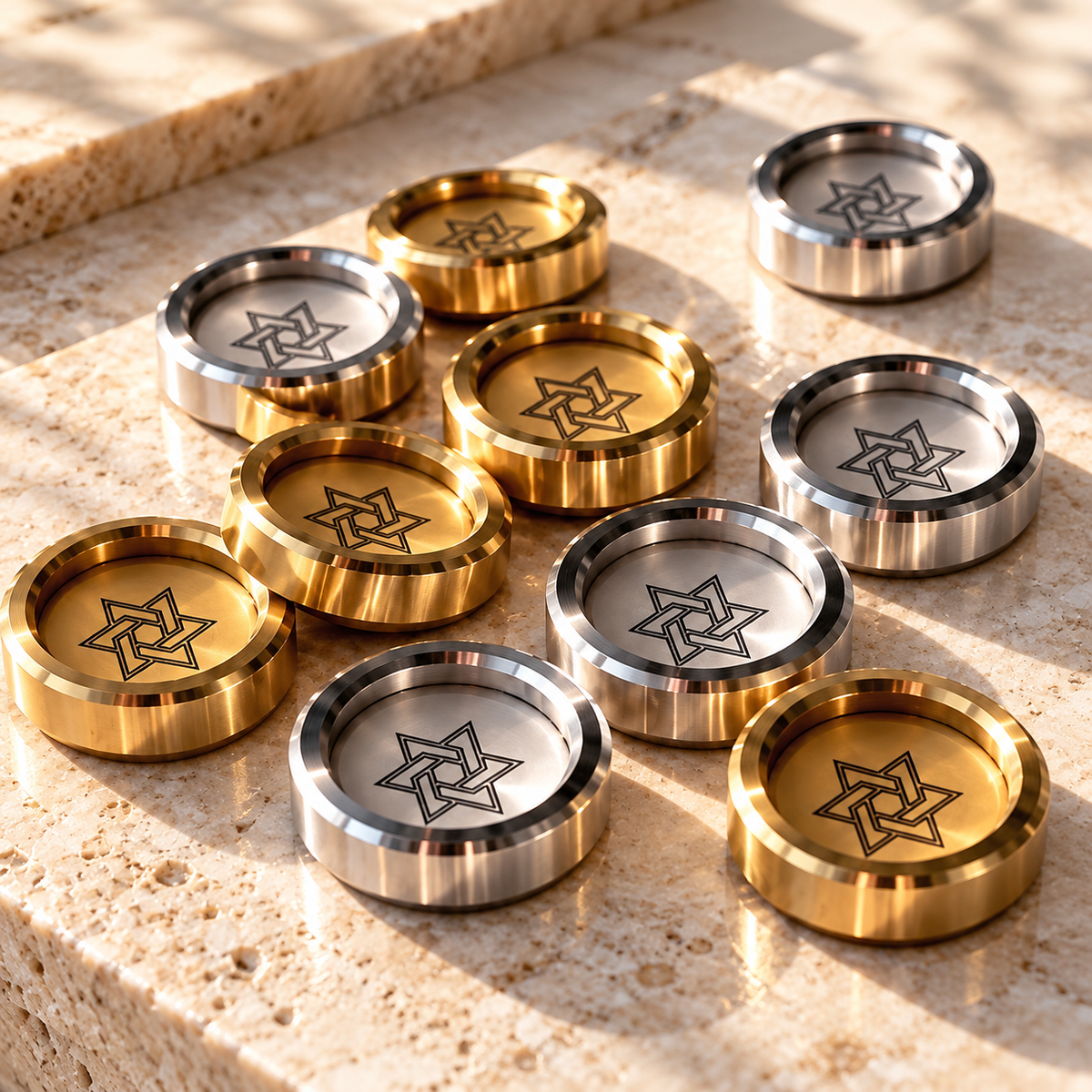 Backgammon Checkers Set Brass & Steel Custom Inlay Personalized Metal Playing Pieces
