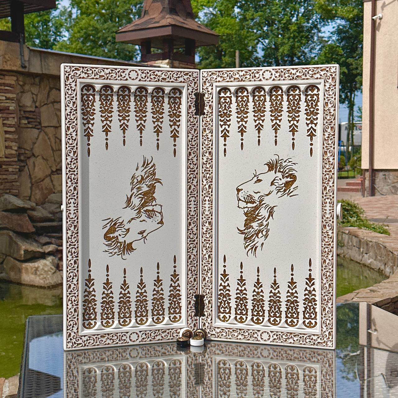 White Carved Stone Chess Backgammon & Checkers Set – Large 23”