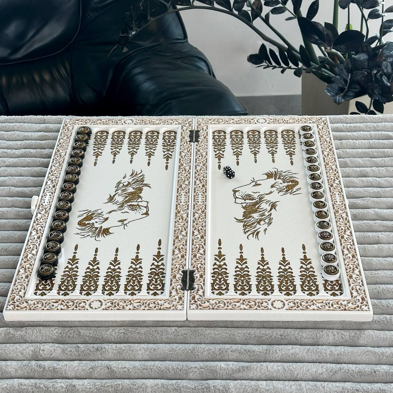 White Carved Stone Chess Backgammon & Checkers Set – Large 23”