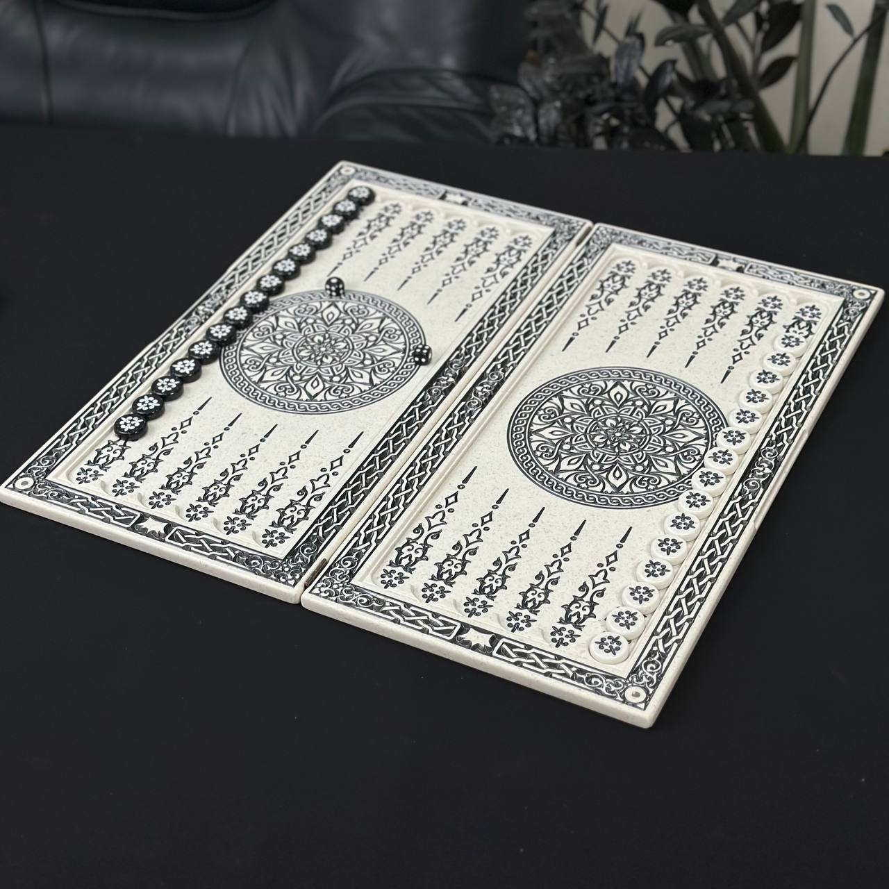 White Carved Stone Chess Backgammon & Checkers Set – Medium 19”