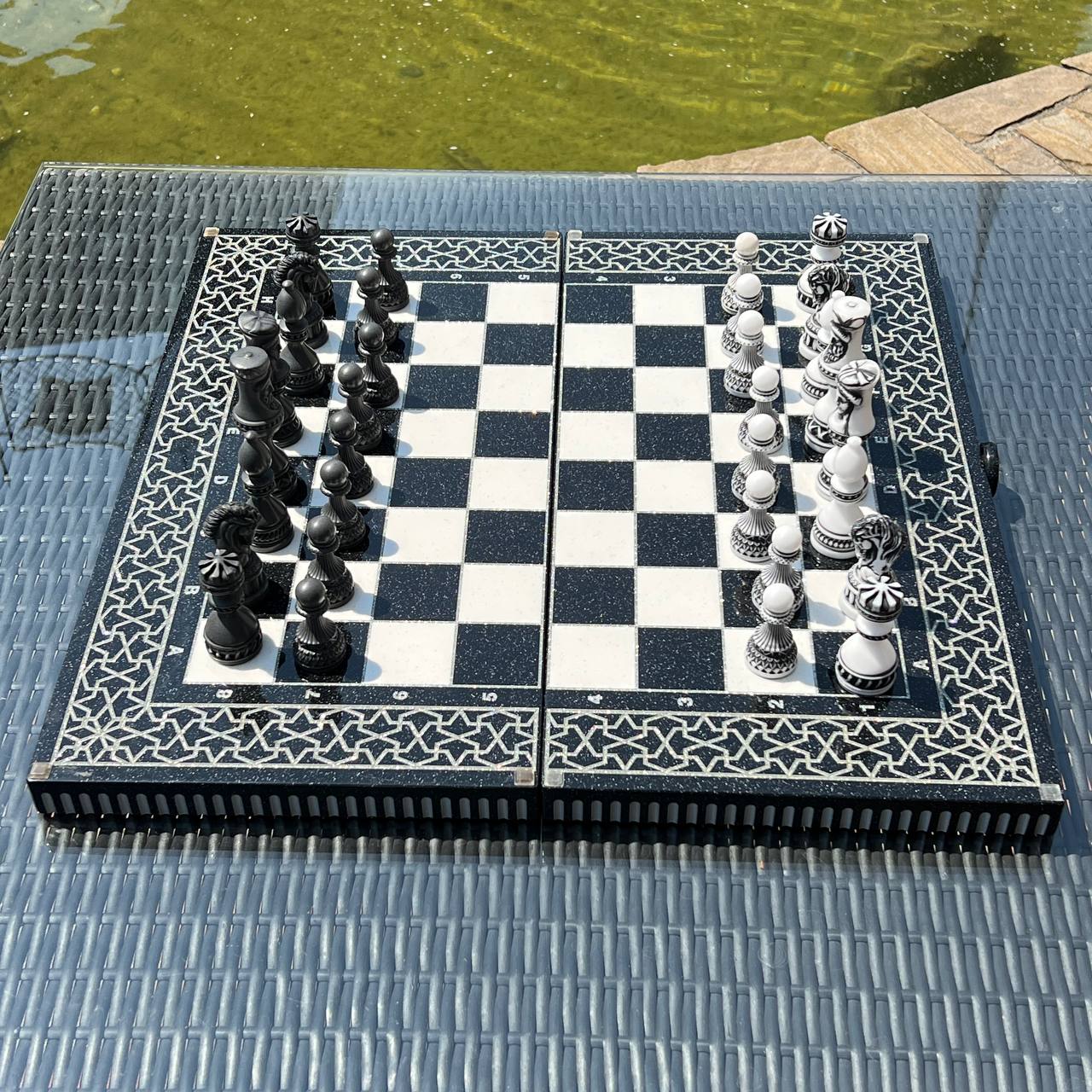 Black & White Stone Chess Set with Storage Case – Large 22”