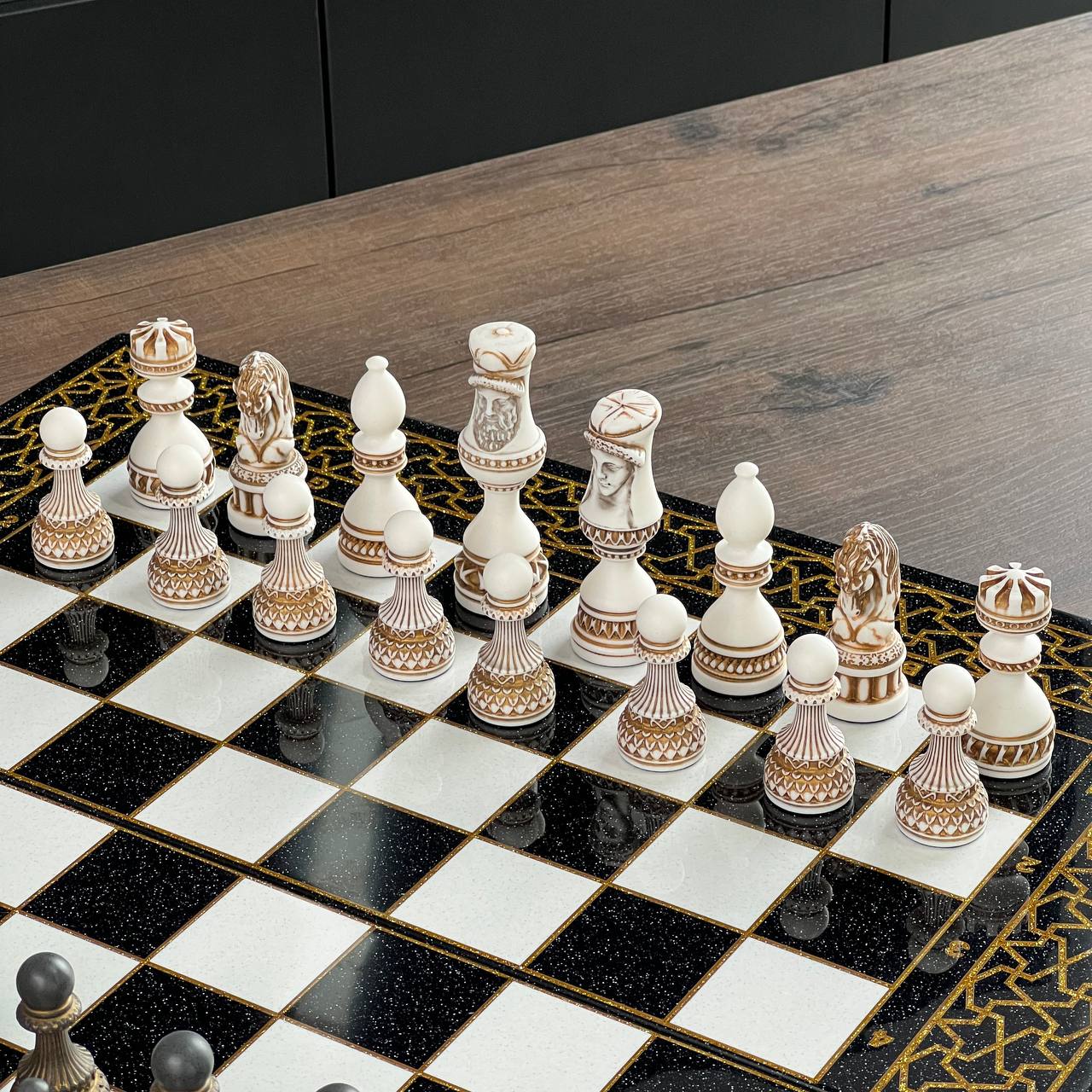Black & Gold Stone Chess Set with Storage Case – Large 22”