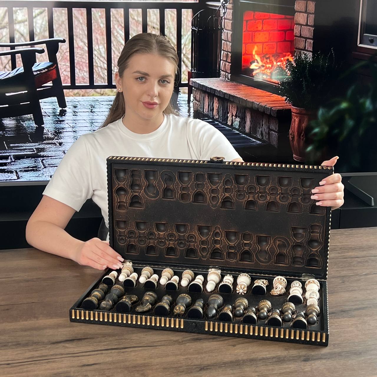 Black & Gold Stone Chess Set with Storage Case – Large 22”