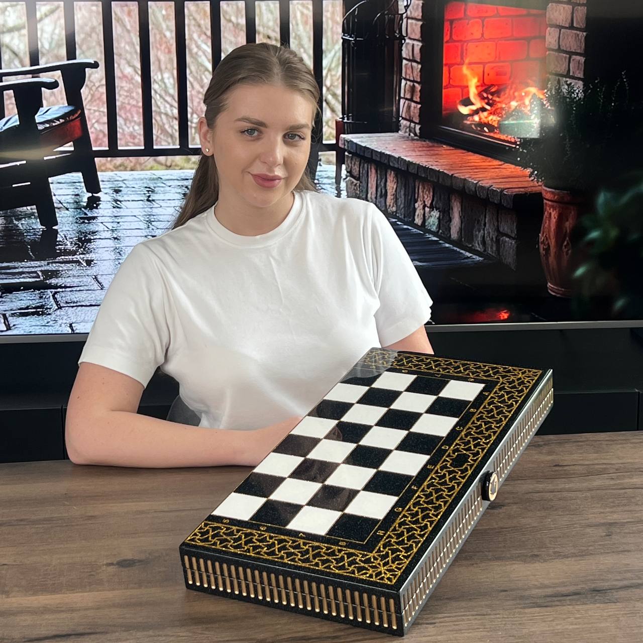 Black & Gold Stone Chess Set with Storage Case – Large 22”