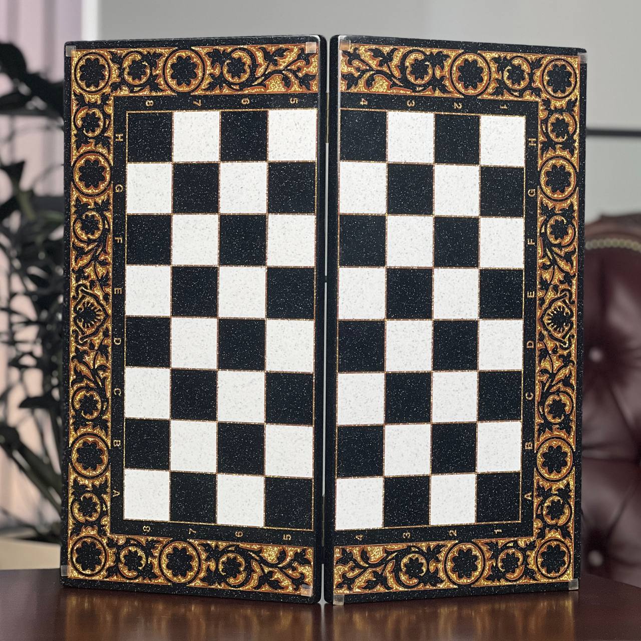 Luxury Gold Classic 3-in-1 Stone Chess & Backgammon Set – 22”