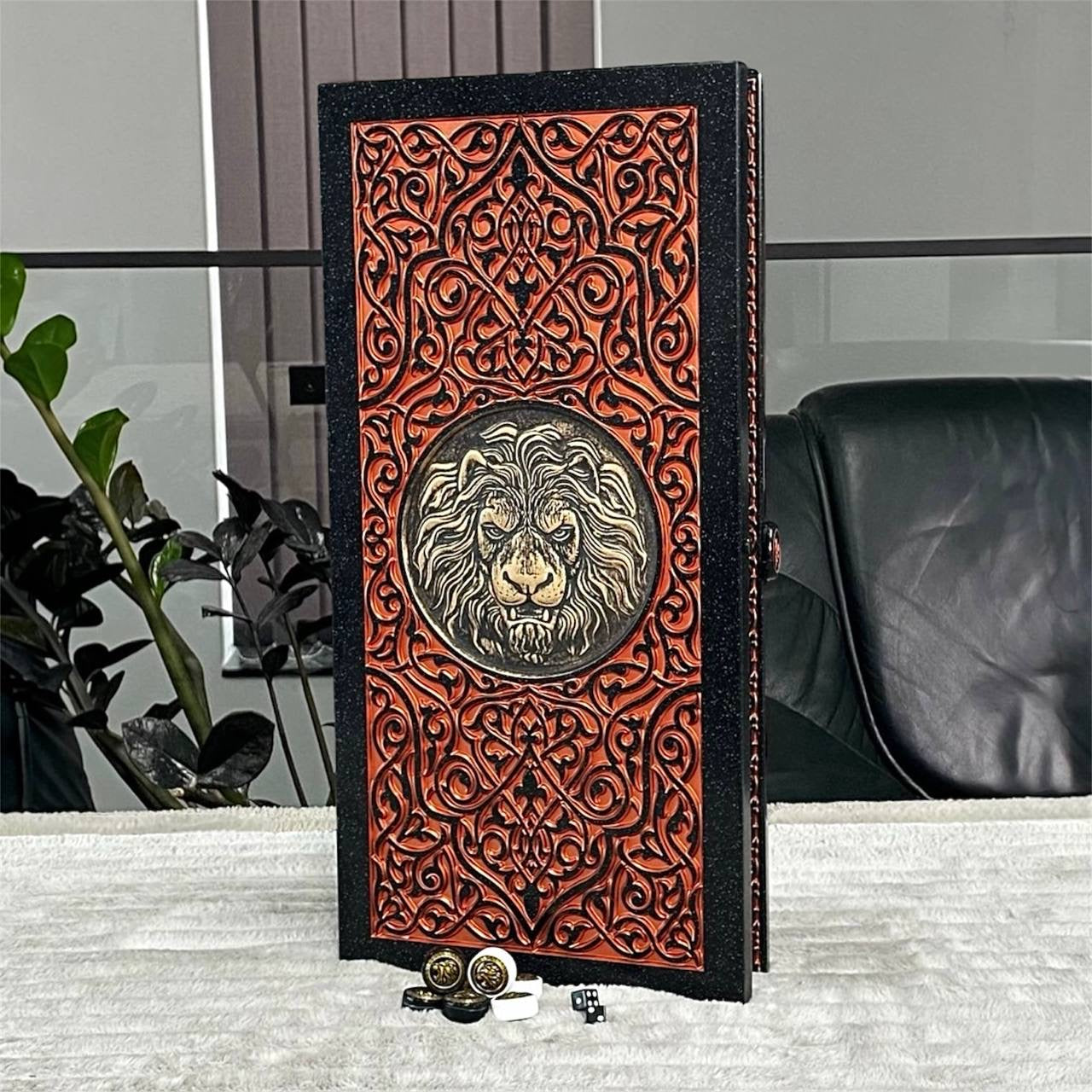 Carved Red Golden Lion Stone Backgammon Set Premium Edition – Large 24”