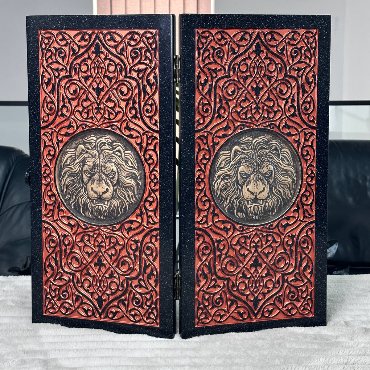 Carved Red Golden Lion Stone Backgammon Set Premium Edition – Large 24”