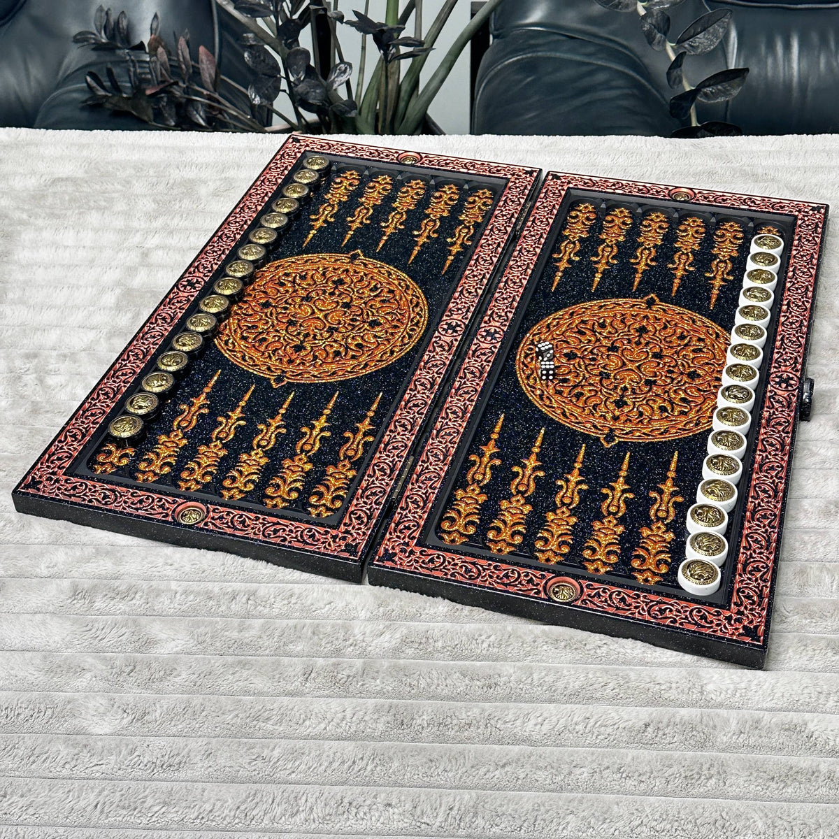 Carved Red Golden Lion Stone Backgammon Set Premium Edition – Large 24”