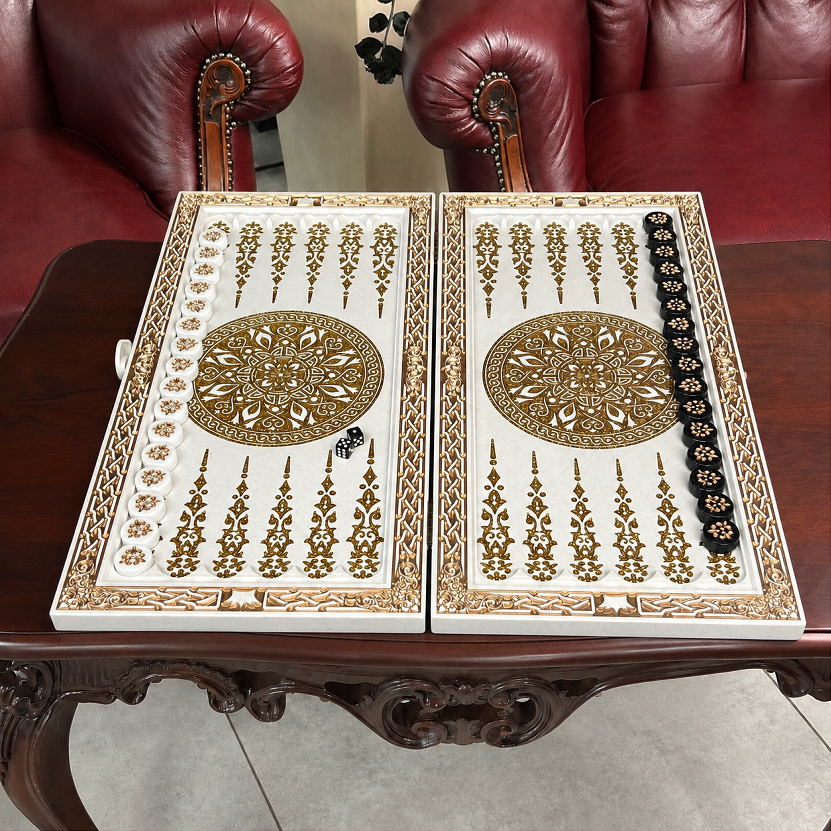 Ornamental White Stone Backgammon Set – Large 24”
