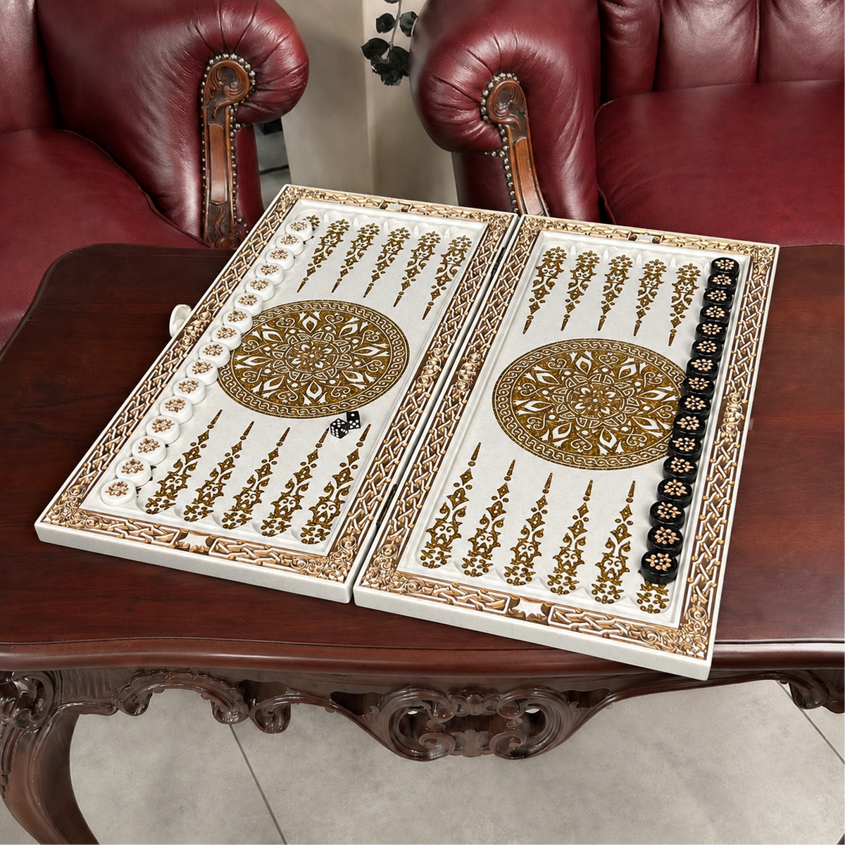 Ornamental White Stone Backgammon Set – Large 24”