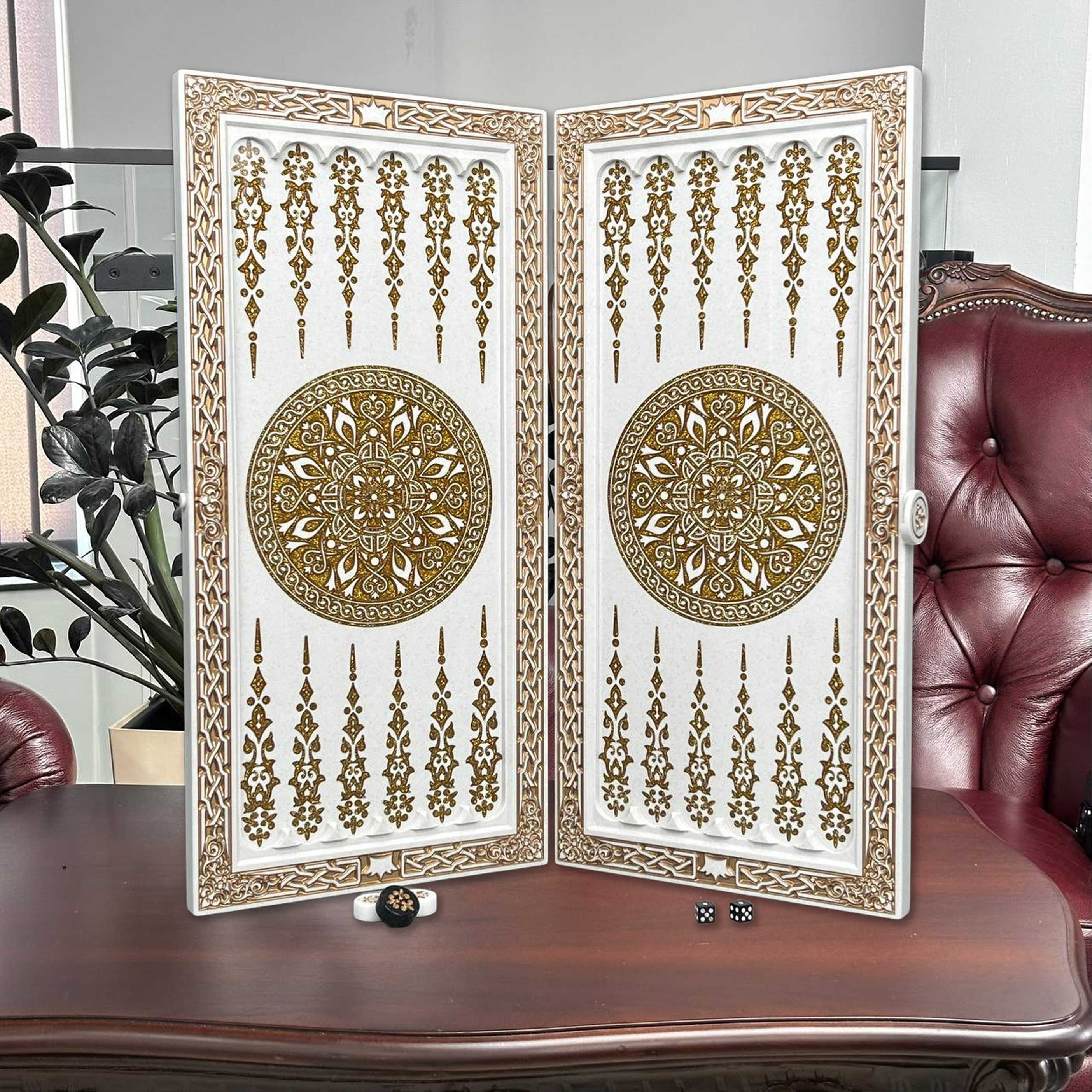 Ornamental White Stone Backgammon Set – Large 24”