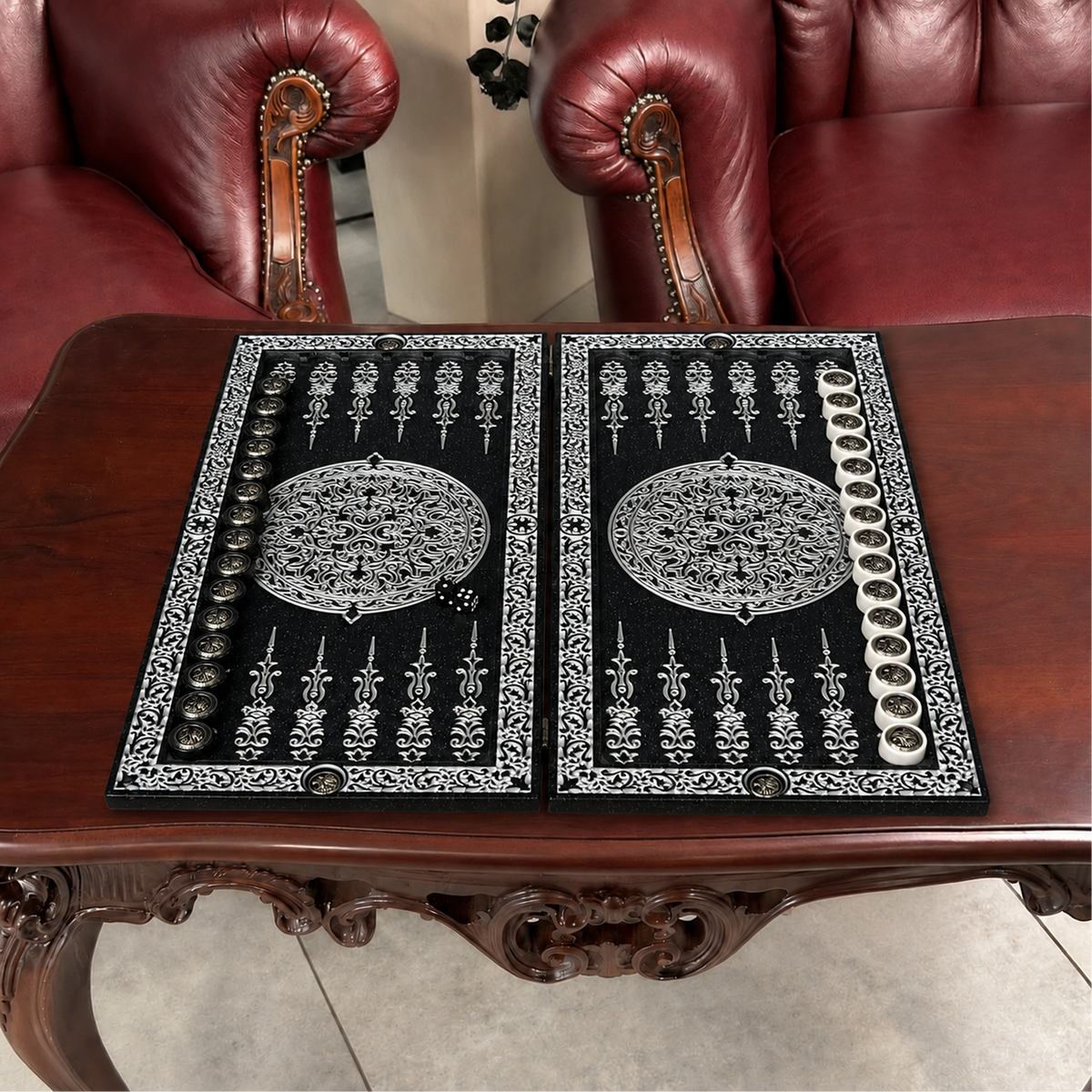 Luxus-Backgammon aus schwarzem Acrylstein MINI "Silver Lion" 30*15cm Reisegröße, leichte Version, Steinbrett Geschenkfertig