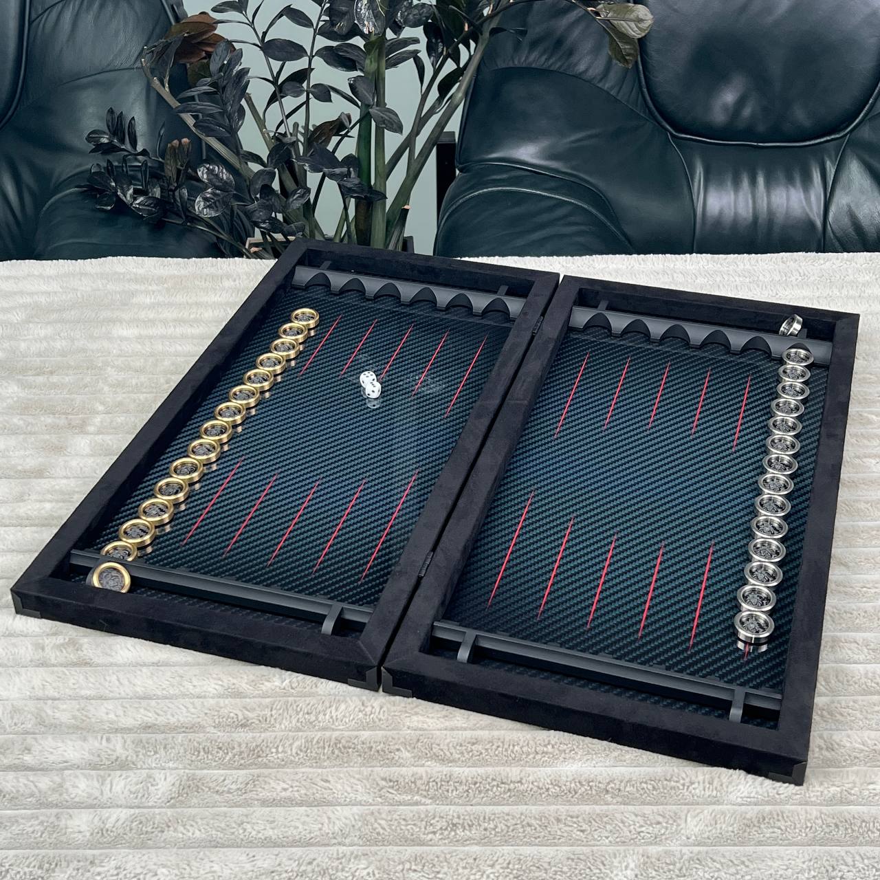 Luxurious Handmade Metal and Carbon Backgammon Set 60*30cm, Gift-ready VIP, red lines