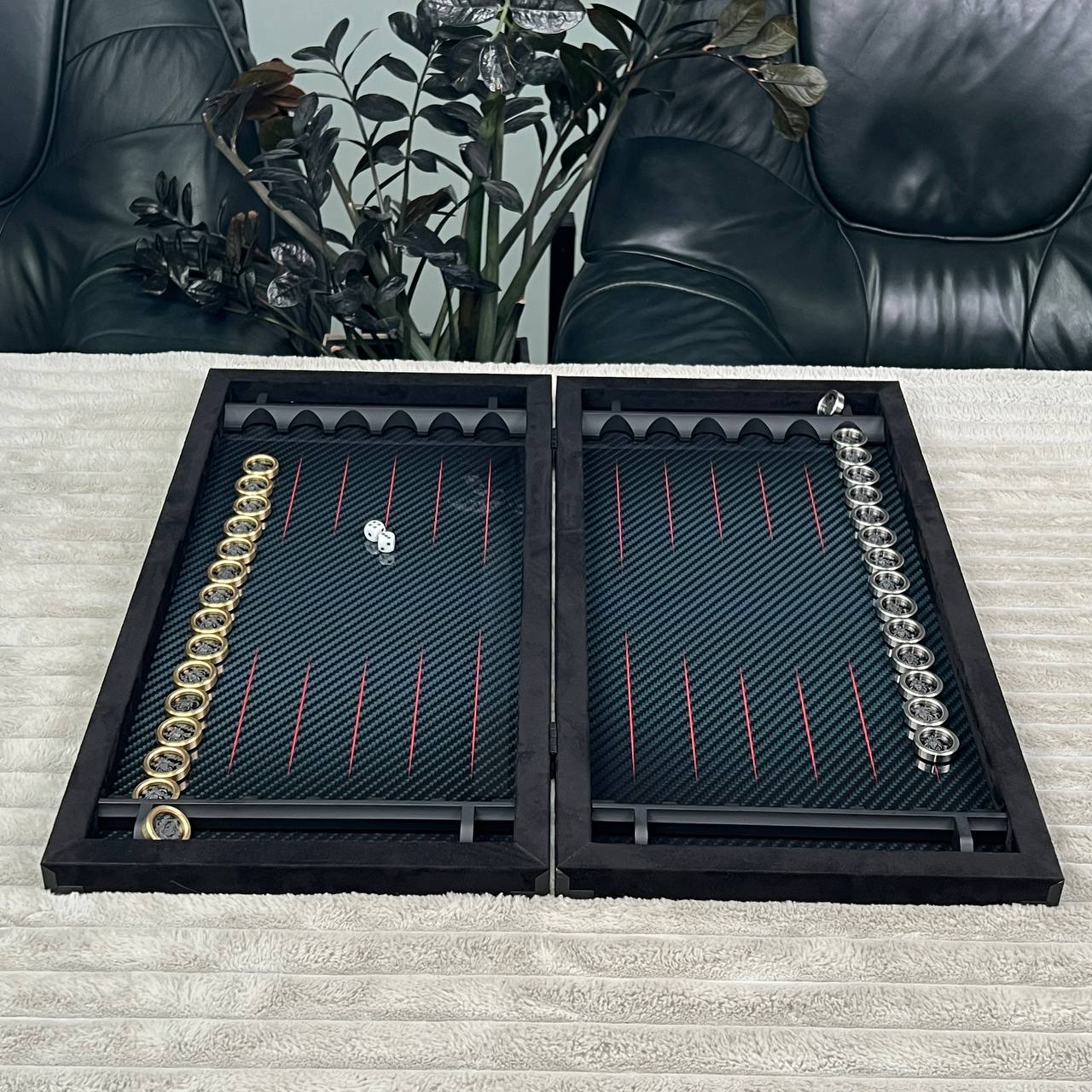 Luxurious Handmade Metal and Carbon Backgammon Set 60*30cm, Gift-ready VIP, red lines