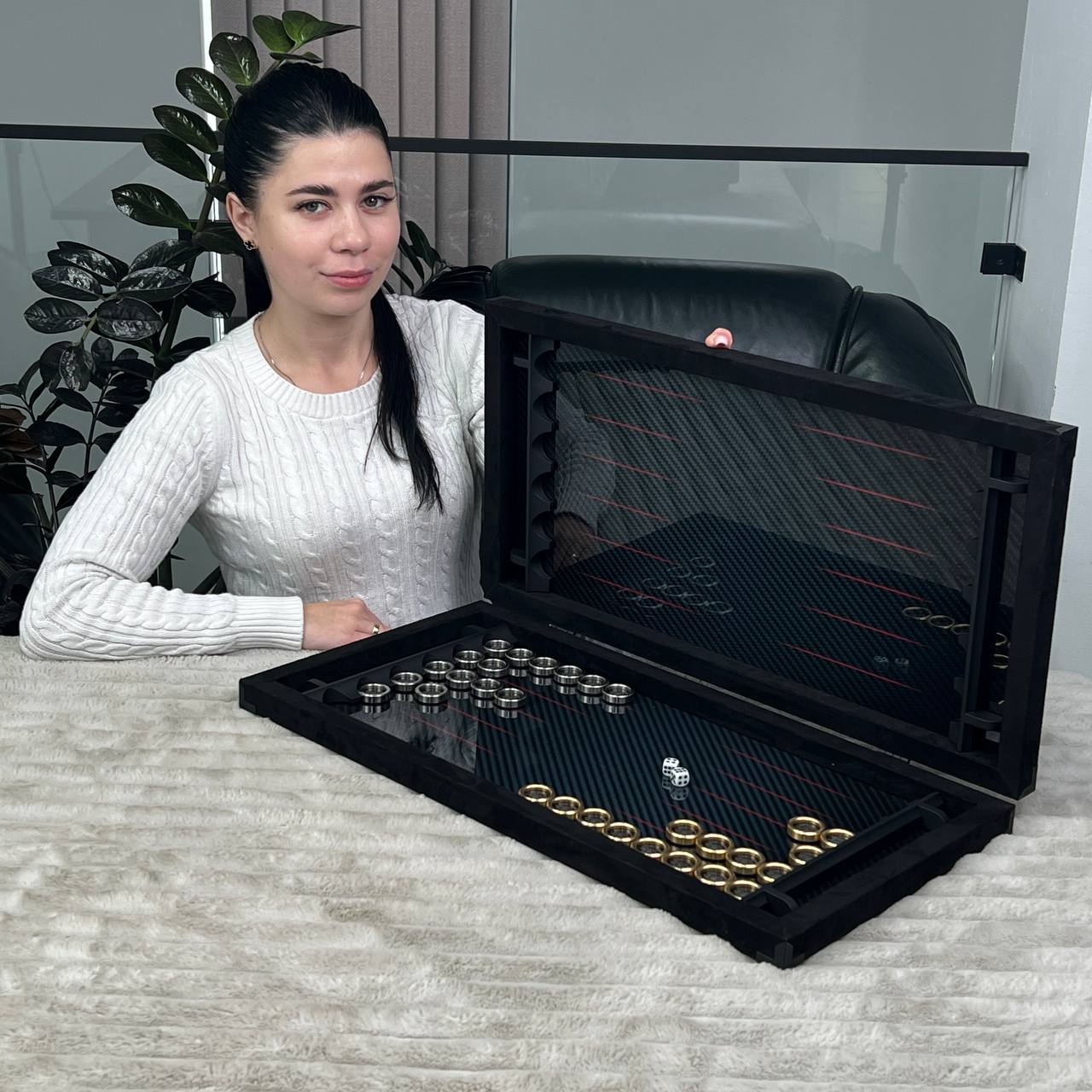 Luxurious Handmade Metal and Carbon Backgammon Set 60*30cm, Gift-ready VIP, red lines