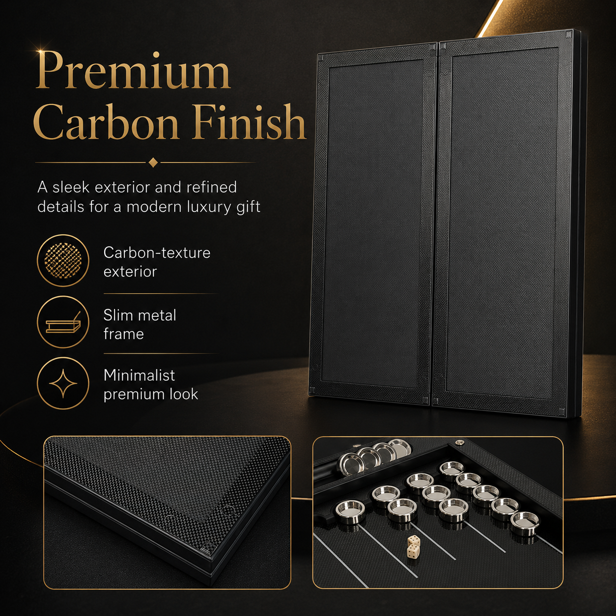 Jeu de backgammon de luxe VIP en carbone avec base en aluminium et carbone, 61 x 26,5 cm, prêt à offrir