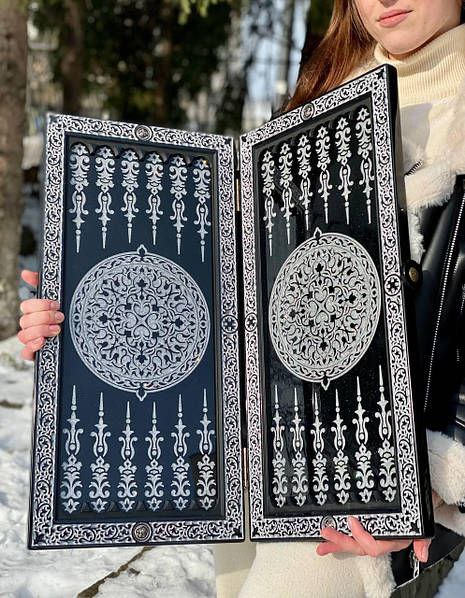 Handcrafted Acrylic Stone Backgammon with Carved Wolf Design – “Silver Wolf”, 58*28*5cm | Art. 190620