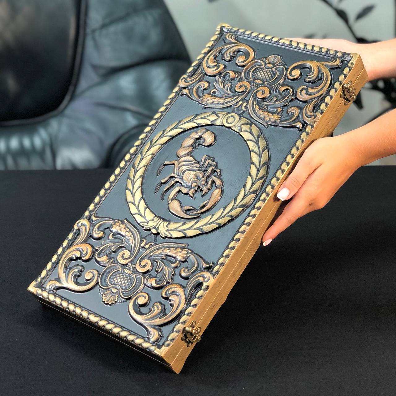 Luxury Wooden Backgammon with Carved Scorpion