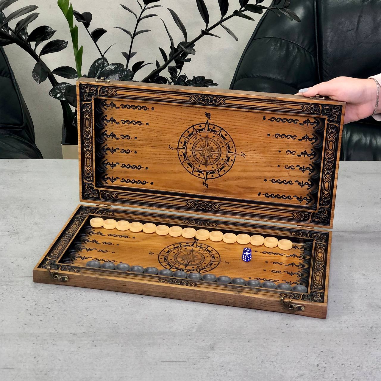 Exclusive Wooden Backgammon "The Compass". Customize and Gift-ready