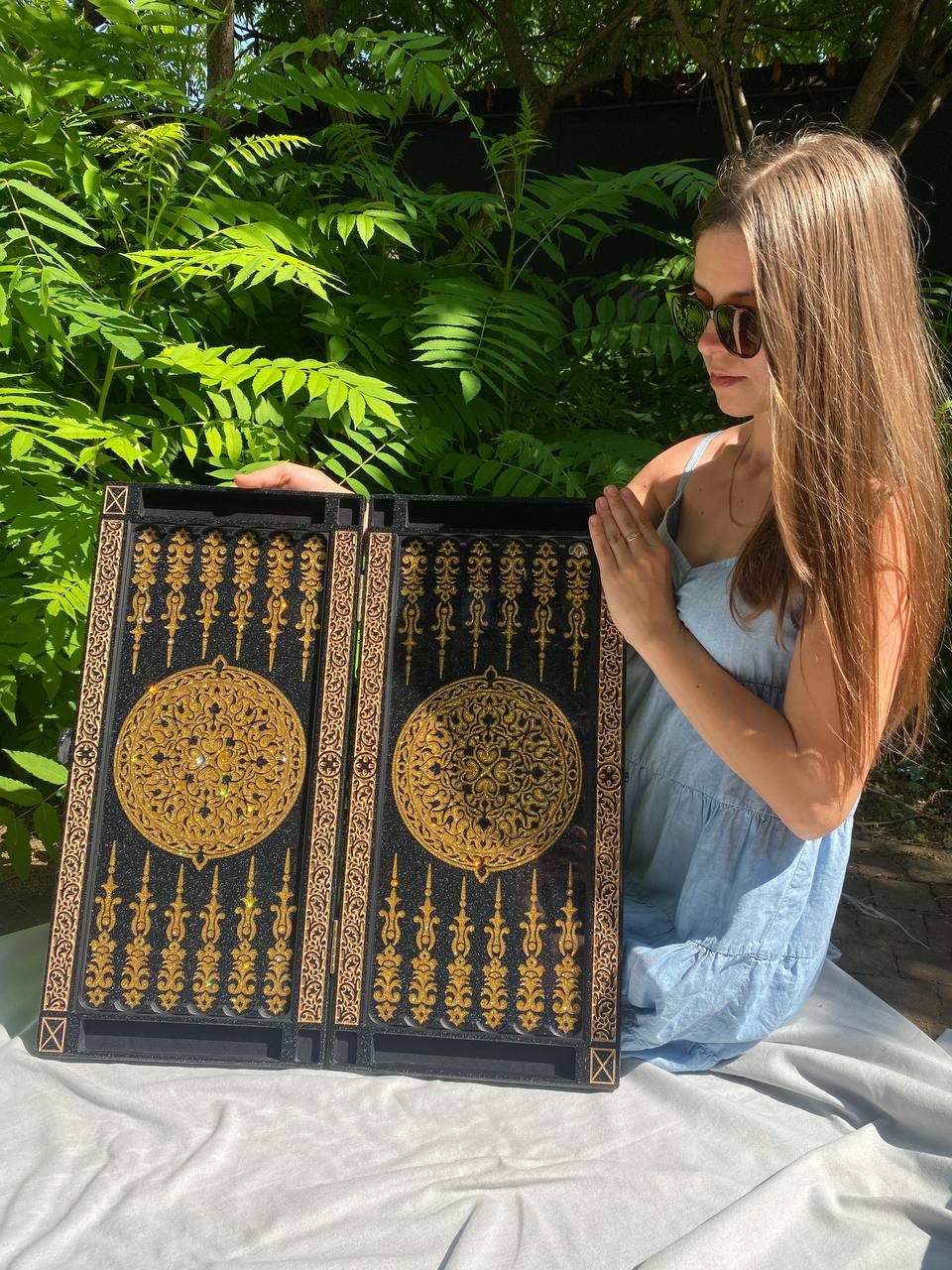 Black acrylic stone backgammon "Golden Horse", customized backgammon, backgammon board, corporate gift, game board, marble game board Gift-ready