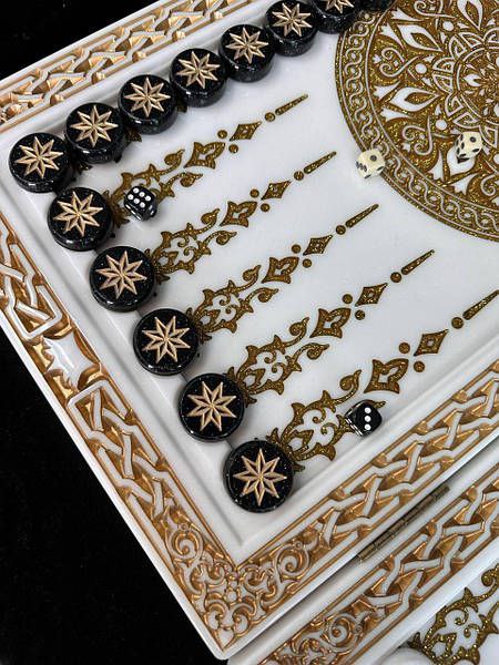 Exclusive White Acrylic Stone Backgammon with Ornamental Detail – Gift of a Lifetime, 58*28*5cm