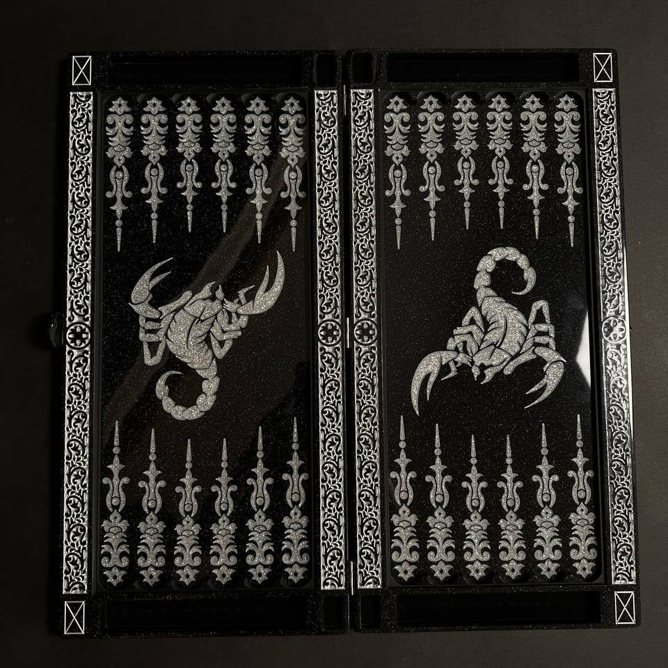 Luxury Black Acrylic Stone Backgammon “Scorpion” – 58×28 cm | Art. 190640
