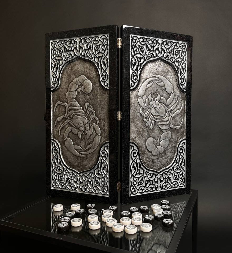 Luxury Black Acrylic Stone Backgammon “Scorpion” – 58×28 cm | Art. 190640