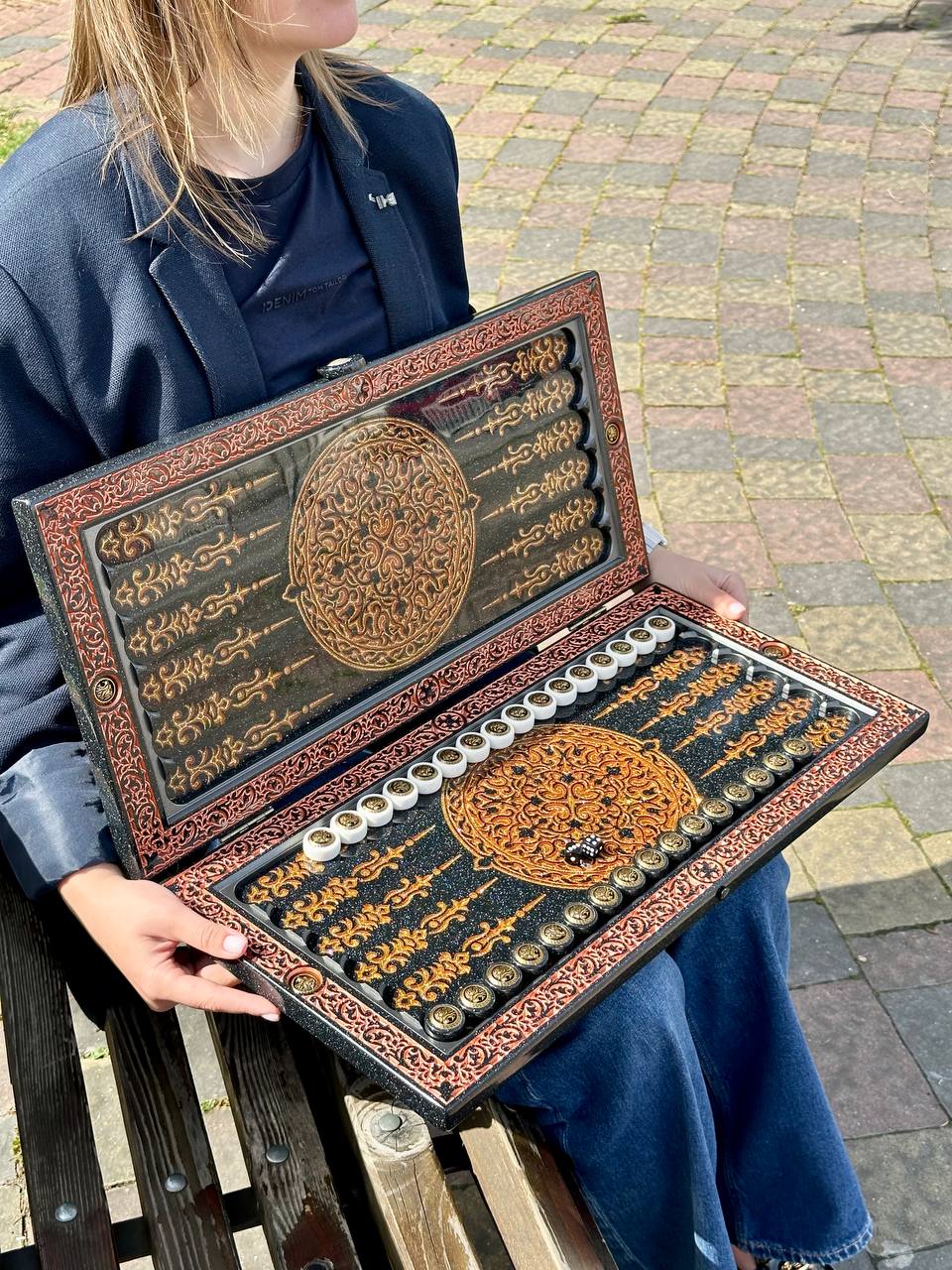 Luxury black acrylic stone backgammon, carved "Carved Gold Lion" on top, Gift-ready