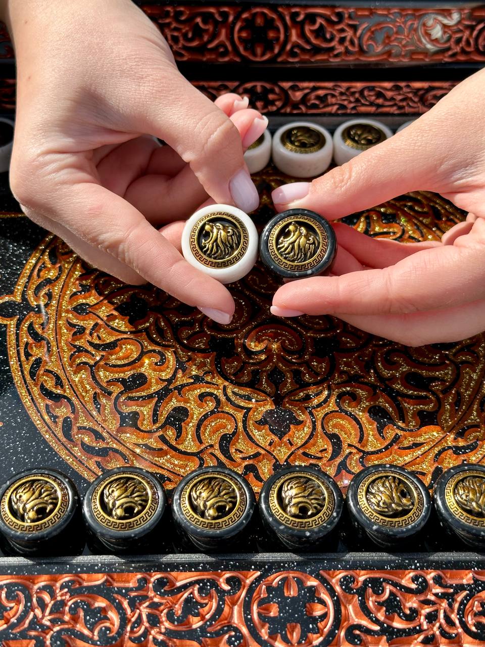 Luxury black acrylic stone backgammon, carved "Carved Gold Lion" on top, Gift-ready