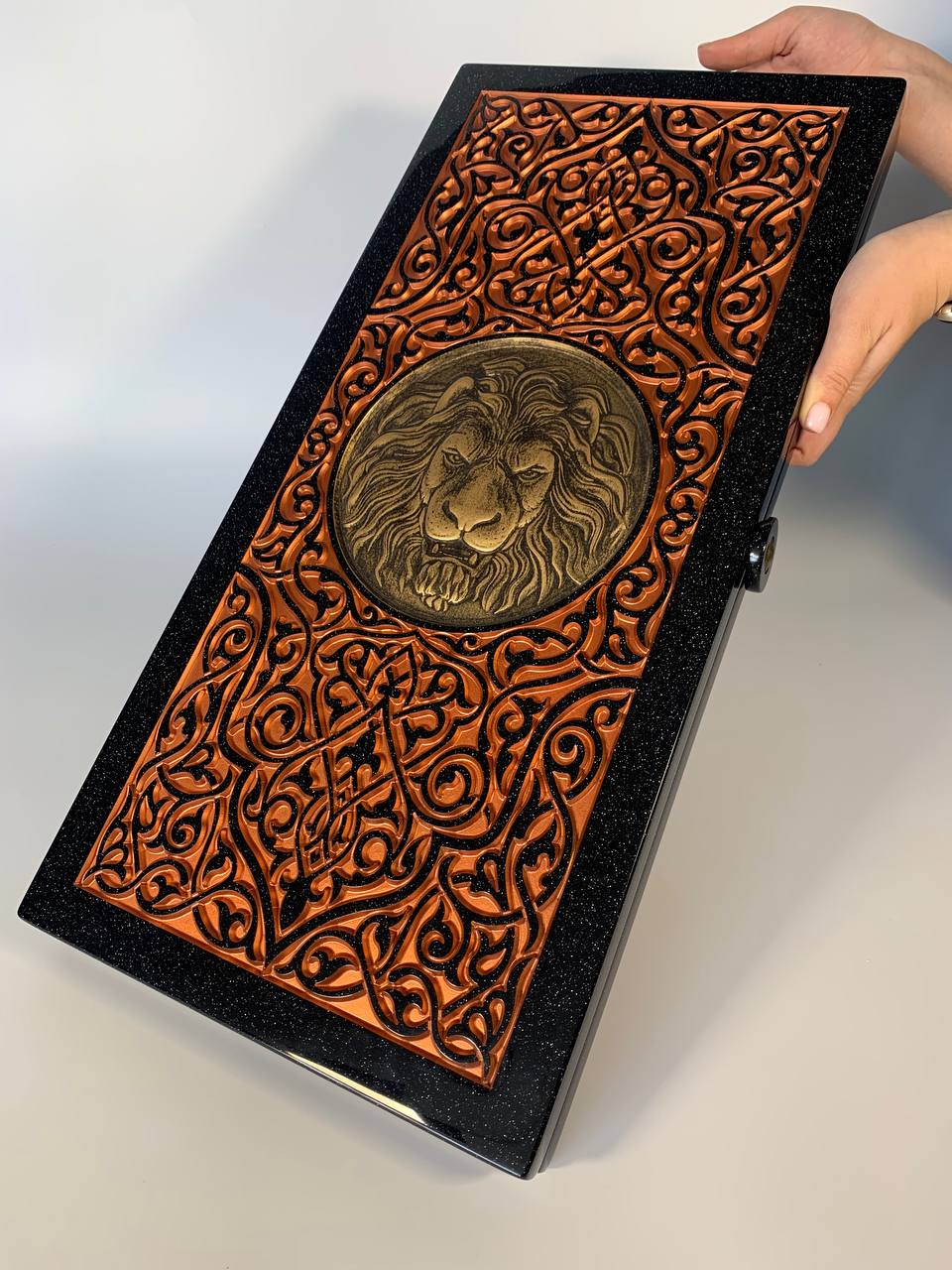 Luxury black acrylic stone backgammon, carved "Carved Gold Lion" on top, Gift-ready