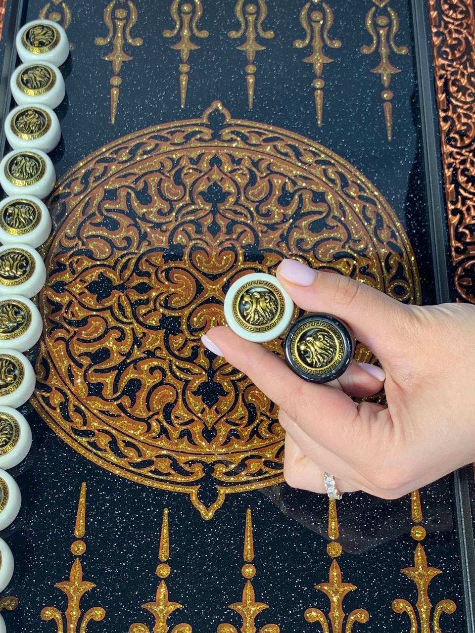 Luxury black acrylic stone backgammon, carved "Carved Gold Lion" on top, Gift-ready