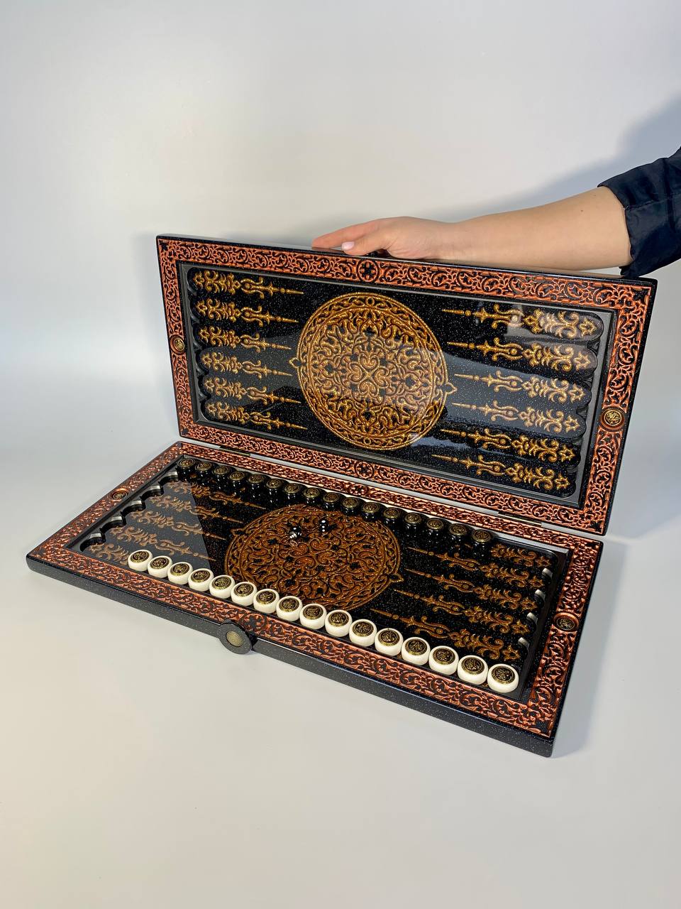 Luxury black acrylic stone backgammon, carved "Carved Gold Lion" on top, Gift-ready