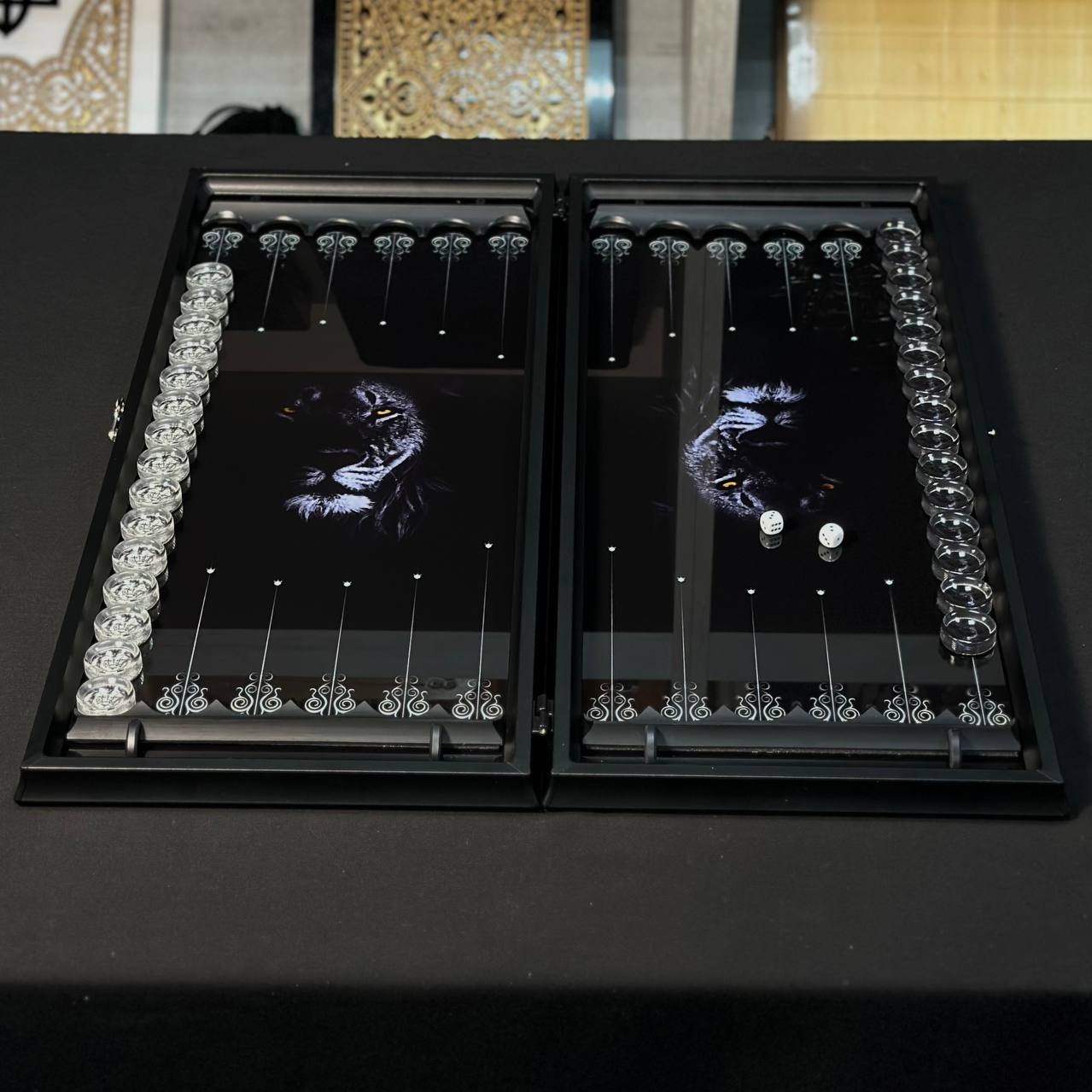 Exquisite Glass Backgammon "Lion" - 61×27 cm, Art. 250002. Customized. Gift-ready