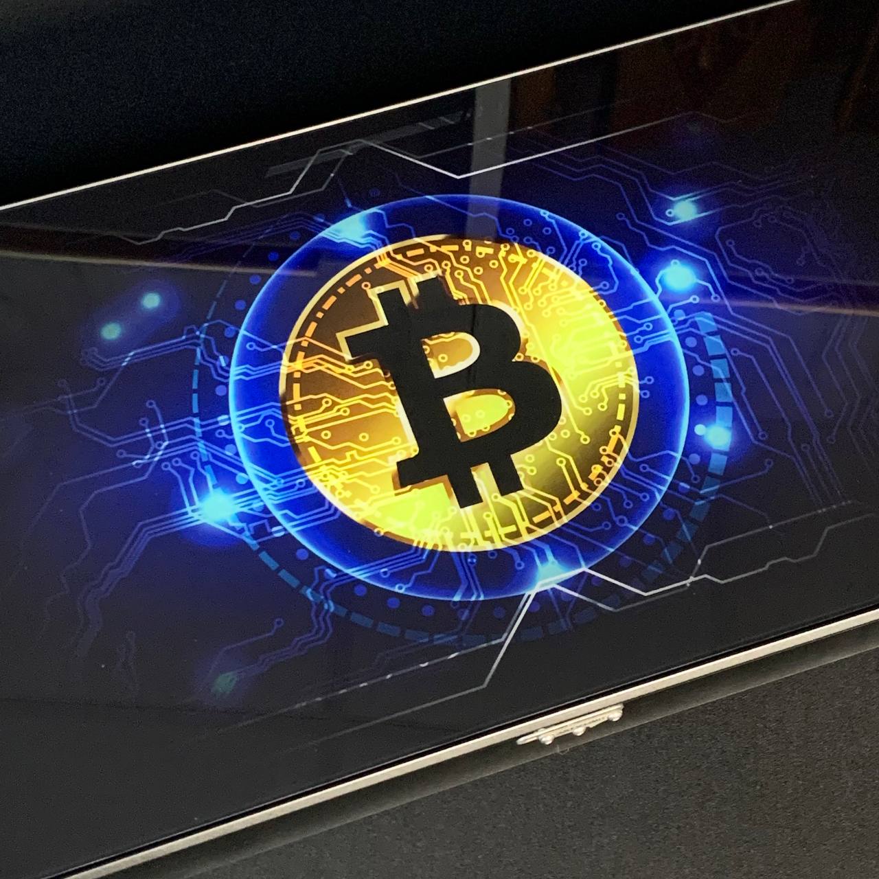 Glass backgammon board "Blue Bitcoin" 61*27cm, Luxury Gift-ready board game set