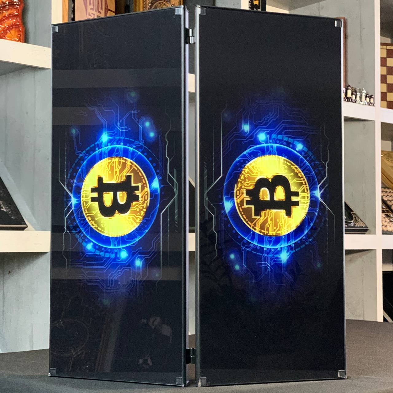 Glass backgammon board "Blue Bitcoin" 61*27cm, Luxury Gift-ready board game set