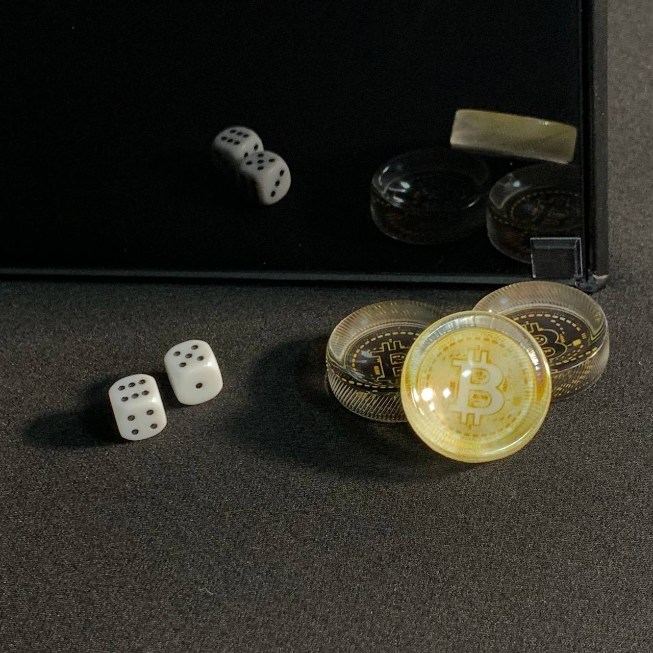 Glass backgammon board "Blue Bitcoin" 61*27cm, Luxury Gift-ready board game set