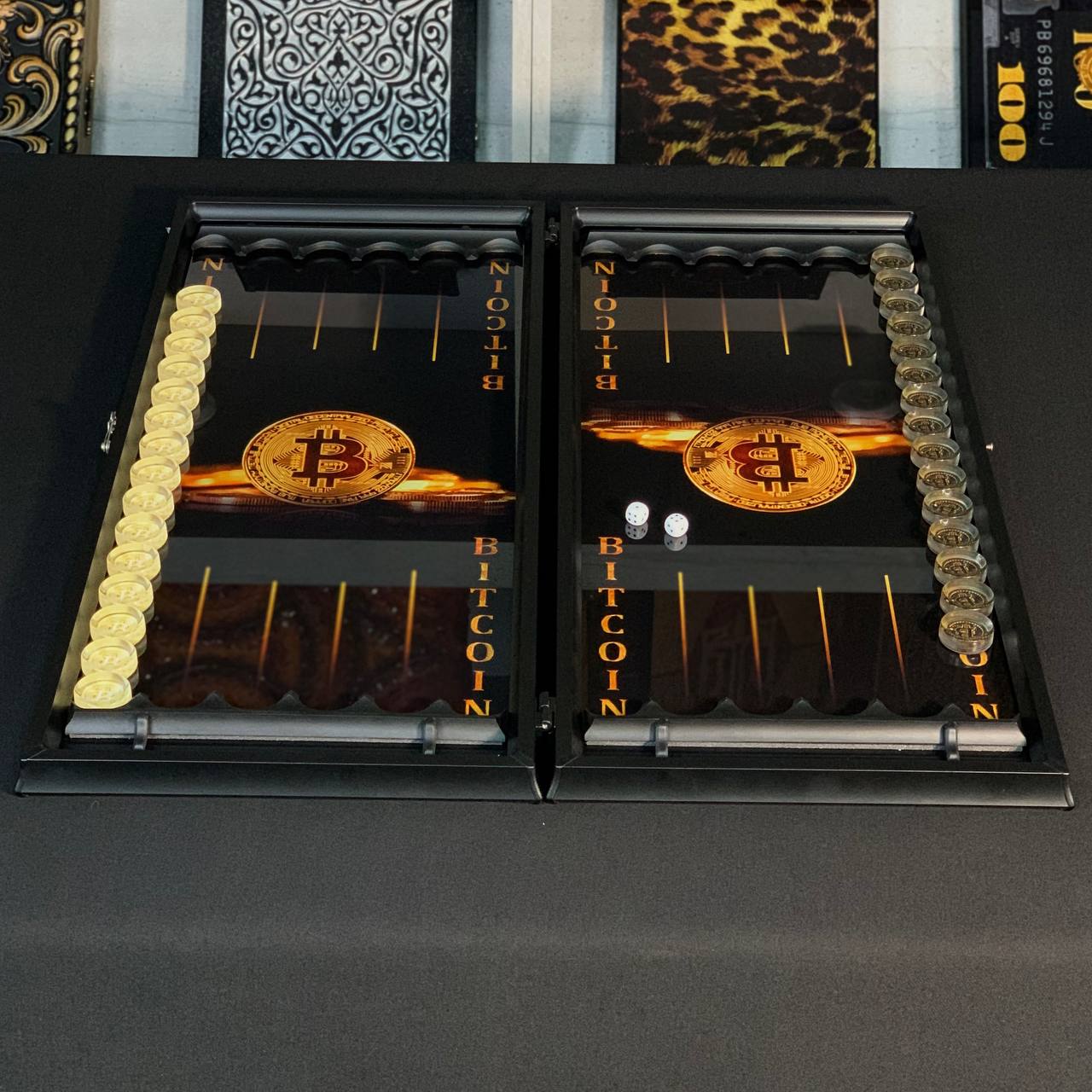 Glass backgammon board "Blue Bitcoin" 61*27cm, Luxury Gift-ready board game set