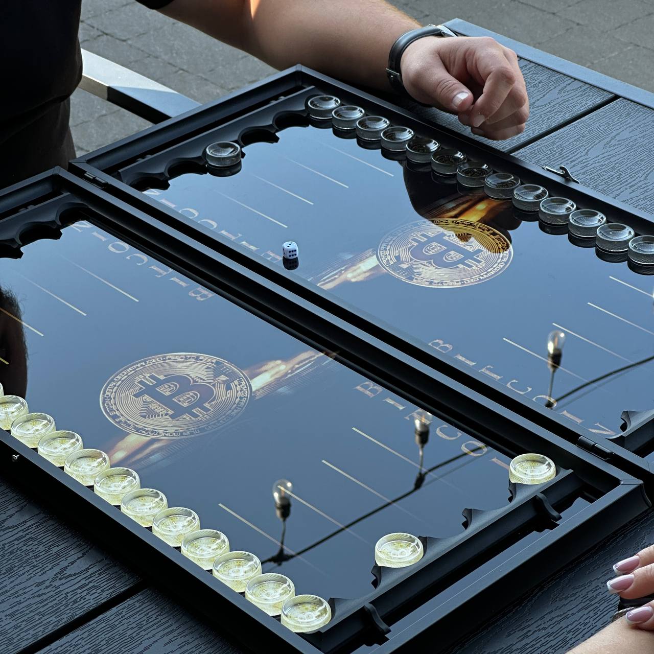 Glass backgammon board "Blue Bitcoin" 61*27cm, Luxury Gift-ready board game set