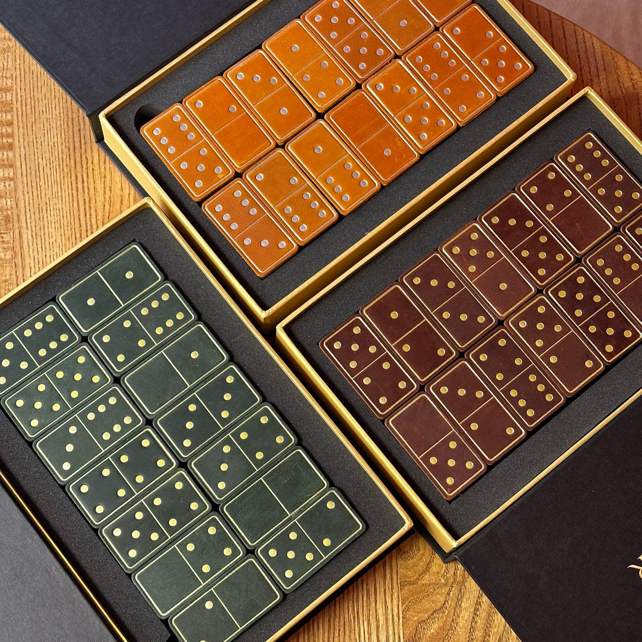 Luxuriöses Domino-Set aus Holz und elegantem Leder, 52*27*12mm orange Dominosteine, Geschenkfertig