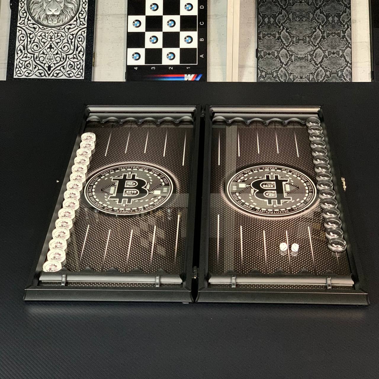 Glass backgammon board "Bitcoin" 61*27cm, Luxury Gift-ready board game set