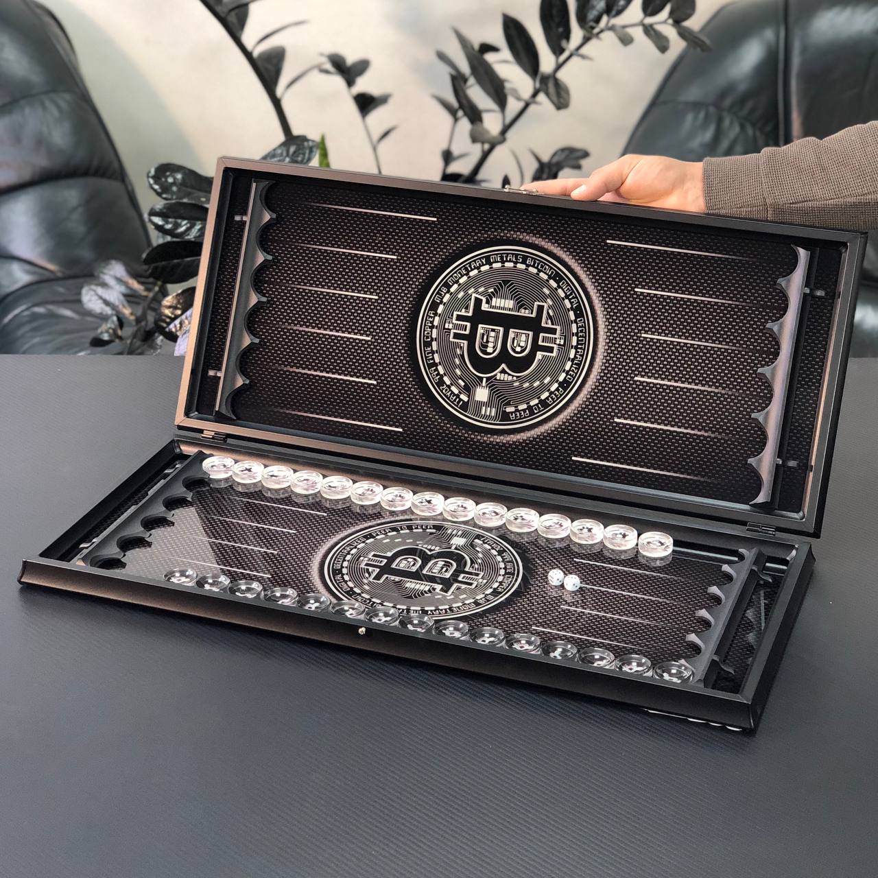 Bitcoin Silver Glass Backgammon Set – Large 24”