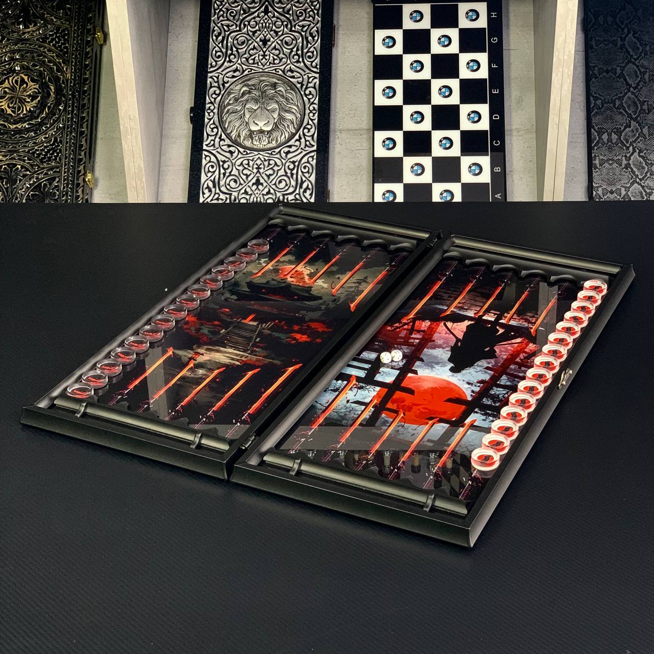Elite Glas-Backgammon-Set "Der Weg des Samurai" 61*27cm, individuell gestaltet und als Geschenk geeignet